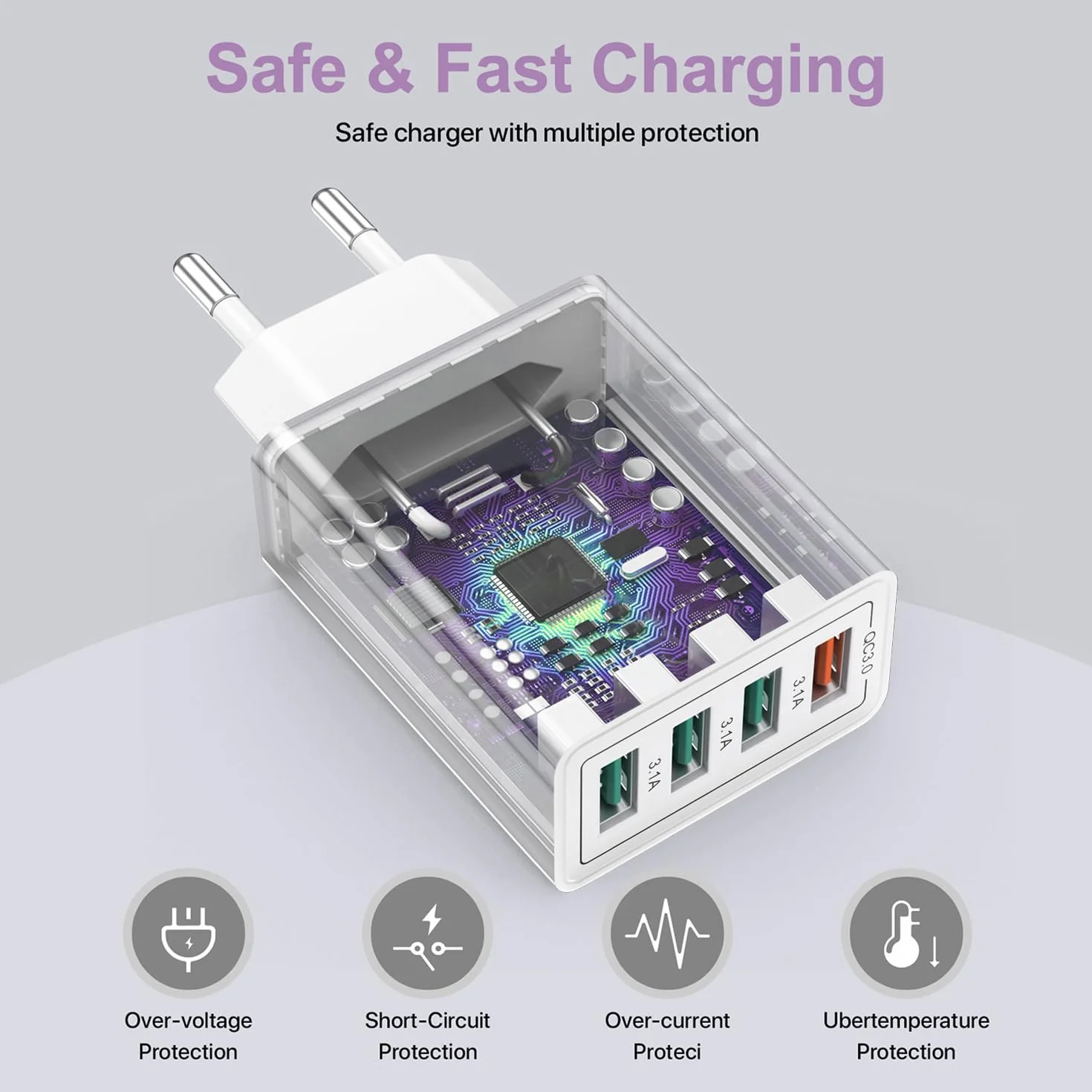 Ładowarka USB 4-portowa 33 W Smart QC 3.0, kompatybilna z iPhone 11/12/13/14/15/16/SE/XS/XR/iPad/Samsung Galaxy S21/S22/S23/S24