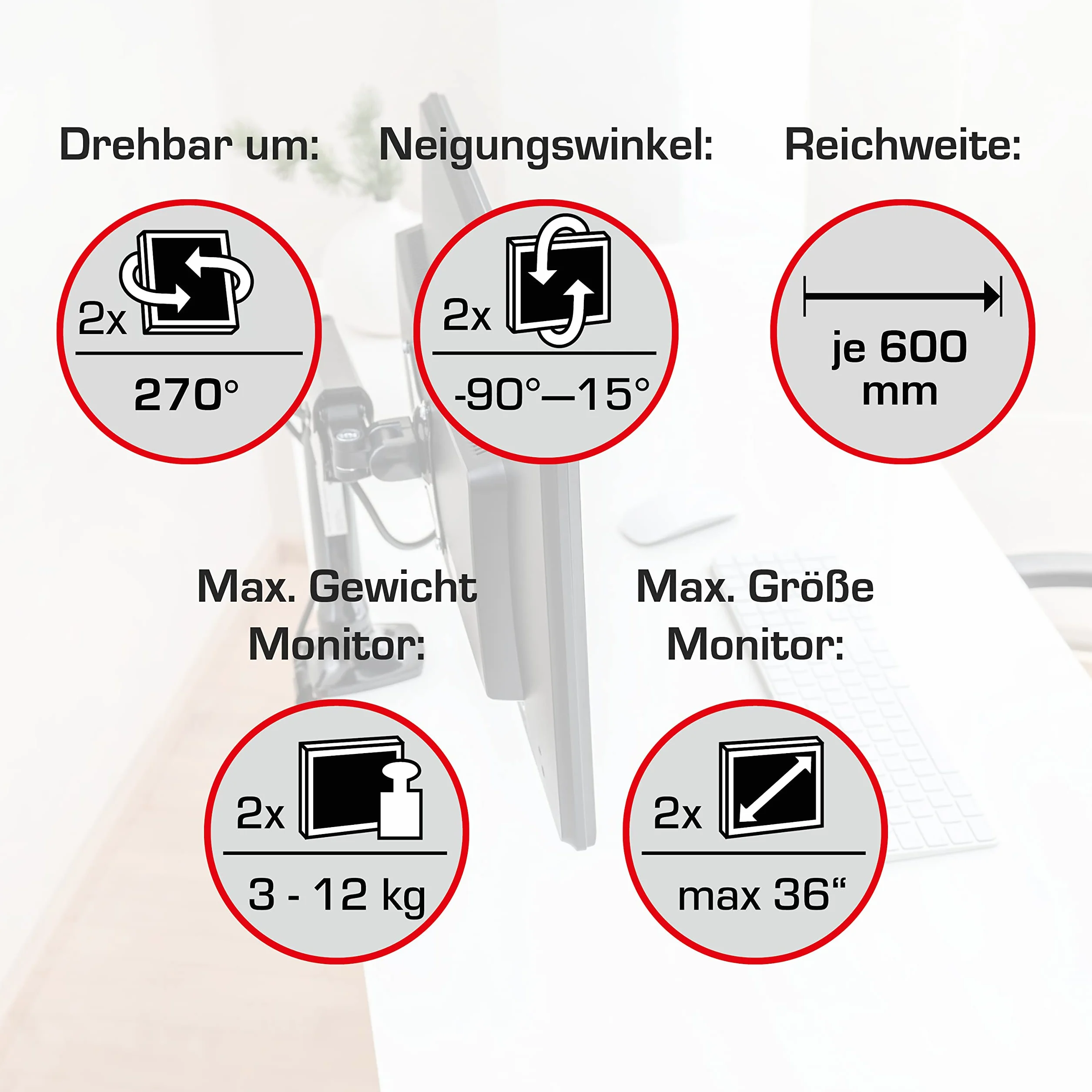 Vantage Premium Duo uchwyt do monitora (VESA 75 & 100, 2 x 2-9 kg, do ekranów 17-32 cali, ze sprężyną gazową, obrotowy, przechylany, wychylny) czarny