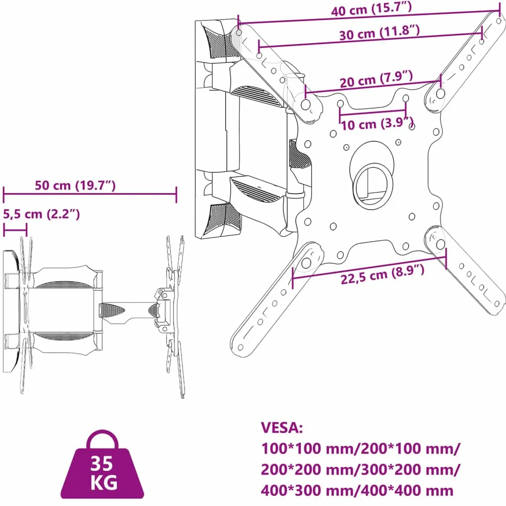 Uchwyt ścienny do telewizora 32-55 cali, stal malowana proszkowo, maks. VESA 400 x 400 mm, nośność 35 kg, wychylna, wysuwana, obrotowa, zajmuje mało miejsca, do salonu i biura
