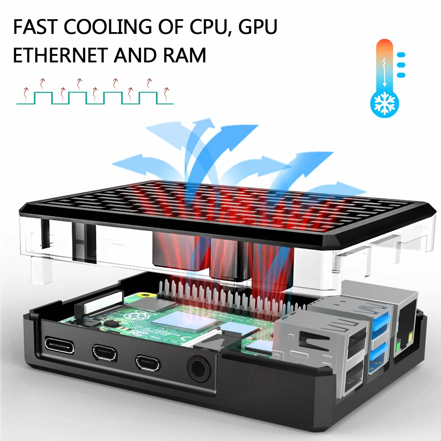 Miuzei Obudowa 4B do Raspberry Pi 4 Model B (8GB/4GB/2GB) - aluminiowa czarna obudowa z pasywnym radiatorem chłodzącym
