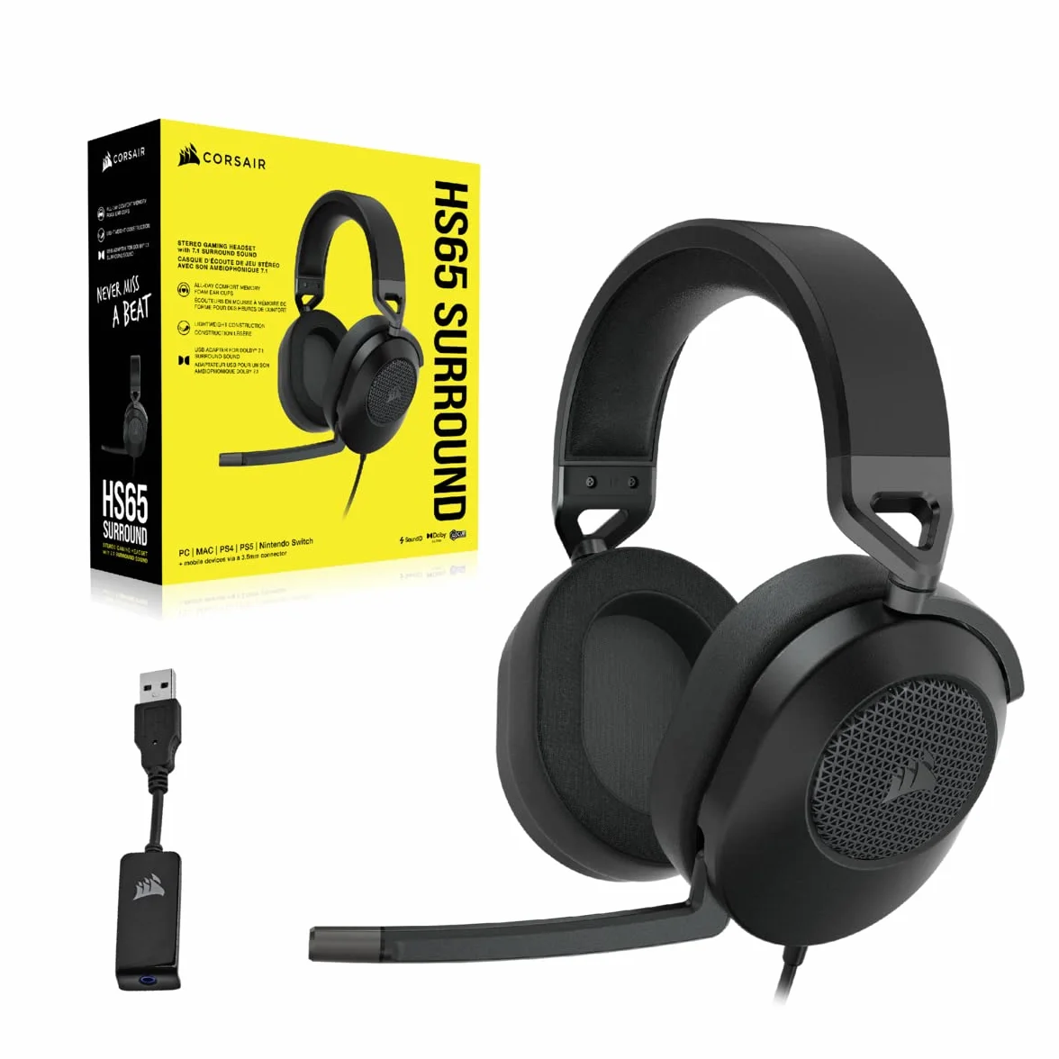 Corsair HS65 SURROUND Gamingowy Zestaw Słuchawkowy, Poduszki z Pianki z Pamięcią Kształtu Skóry, Dźwięk Przestrzenny Dolby Audio 7.1 na Komputerach PC i Mac, SonarWorks SoundID, Czarny