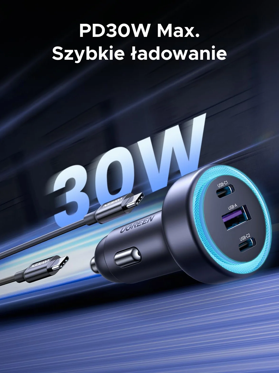 UGREEN 3-portowa zapalniczka samochodowa USB C PD30W ładowarka samochodowa 12V ładowarka samochodowa USB C akcesoria samochodowe kompatybilne z iPhone 17/17 Pro/17 Pro Max/16/15, ipad, S25, GPS itp