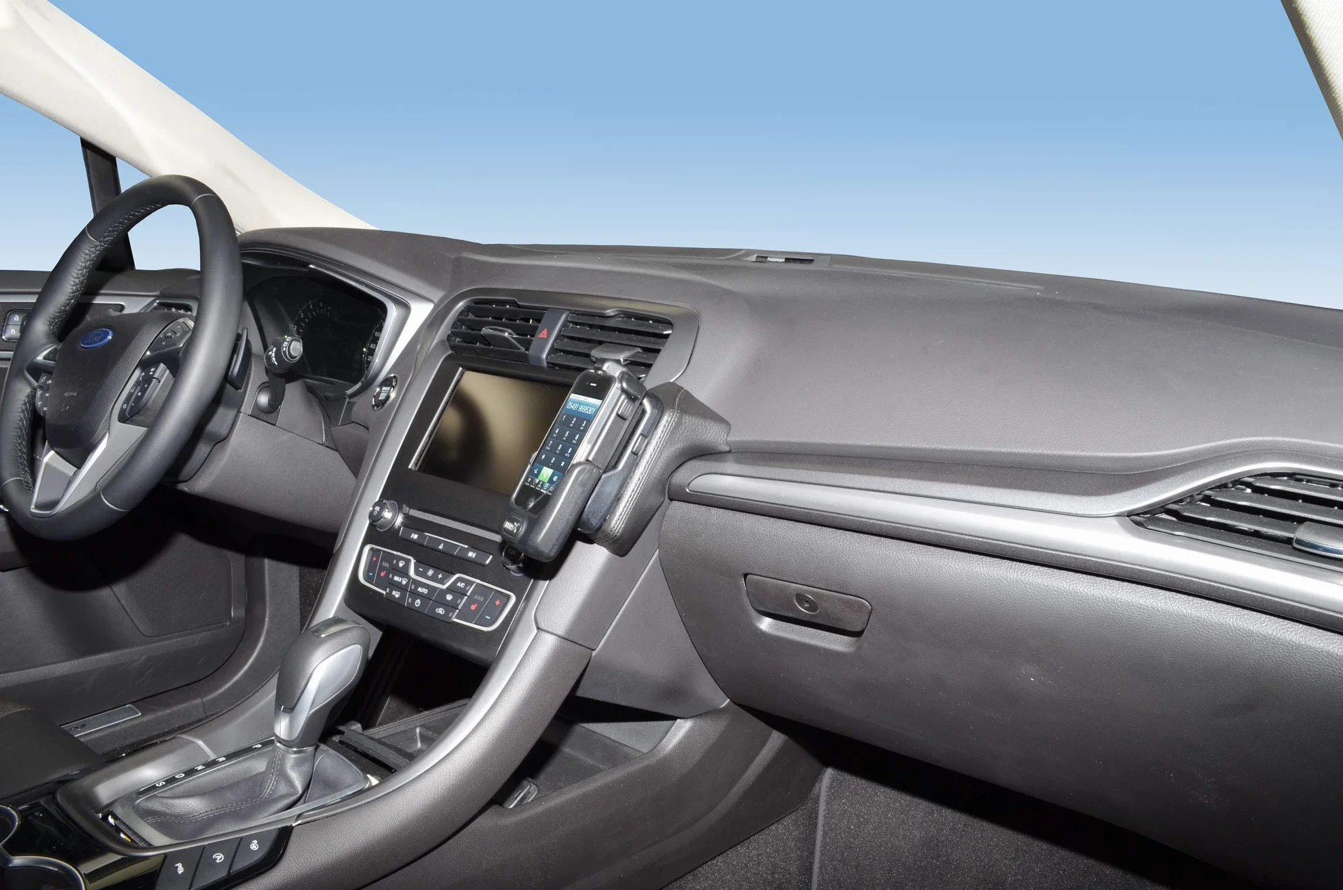 KUDA Uchwyt na telefon komórkowy pasujący do Ford Mondeo od 2014 i od 2019 - konsola telefoniczna do smartfonów, telefonów komórkowych, nawigacji i innych - konsola ze sztucznej skóry, czarna, 1815