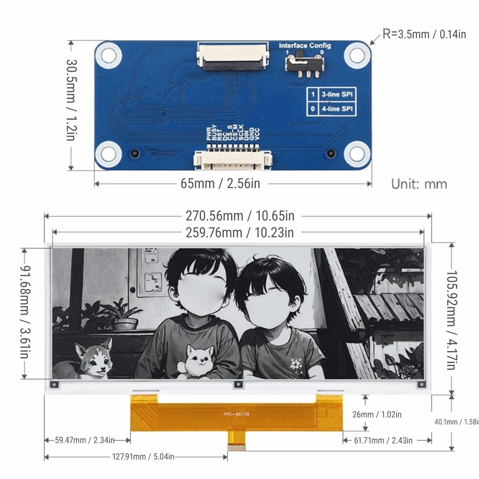 Vikye 10,85-calowy moduł Wyświetlacza E - Ink, Czarno-biały, Dwukolorowy 1360 X 480 Pikseli E - moduł Papierowy z Interfejsem SPI Kompatybilny z RPi 5 / 4B / 3B Zero Pico