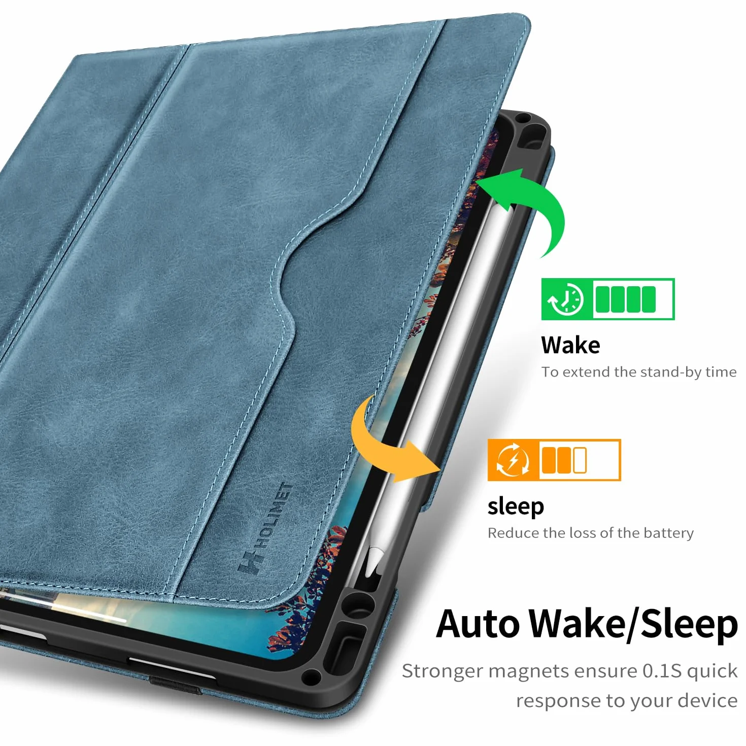 H HOLIMET Etui na iPada Pro 2024 27.9 cm M4 5. generacji z uchwytem na rysik, obsługuje ołówek Pro i ołówek, funkcja automatycznego uśpienia/budzenia, wegańska skóra, inteligentny stojak (niebieski)