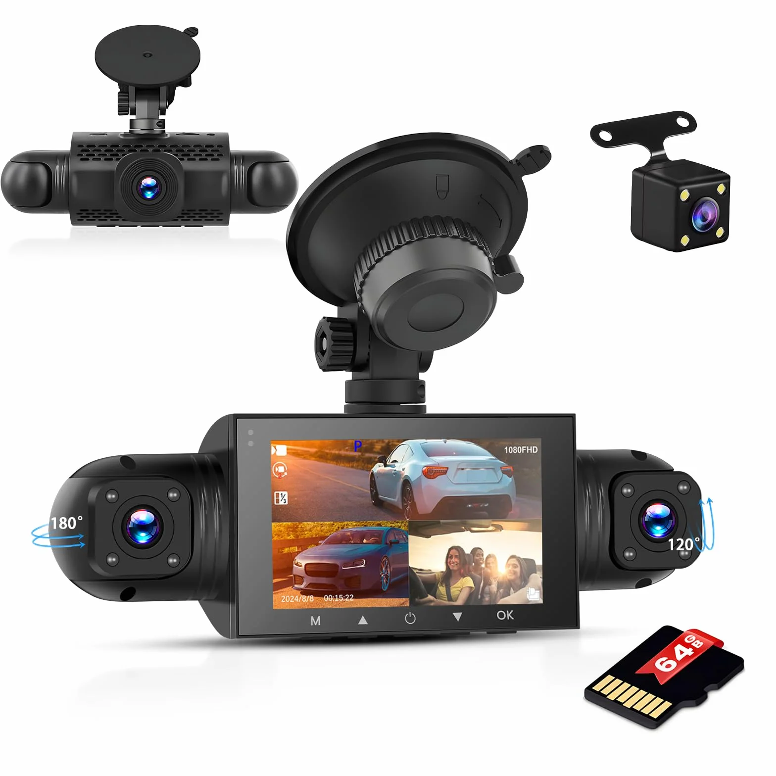 Rejestrator jazdy samochodem Inefala z kartą SD 64G, przednia kamera HD 1080P z 3 kamerami, 4-kanałowy G-Sensor Wykrywanie ruchu Nagrywanie w pętli Jazda 24 godziny w trybie parkowania