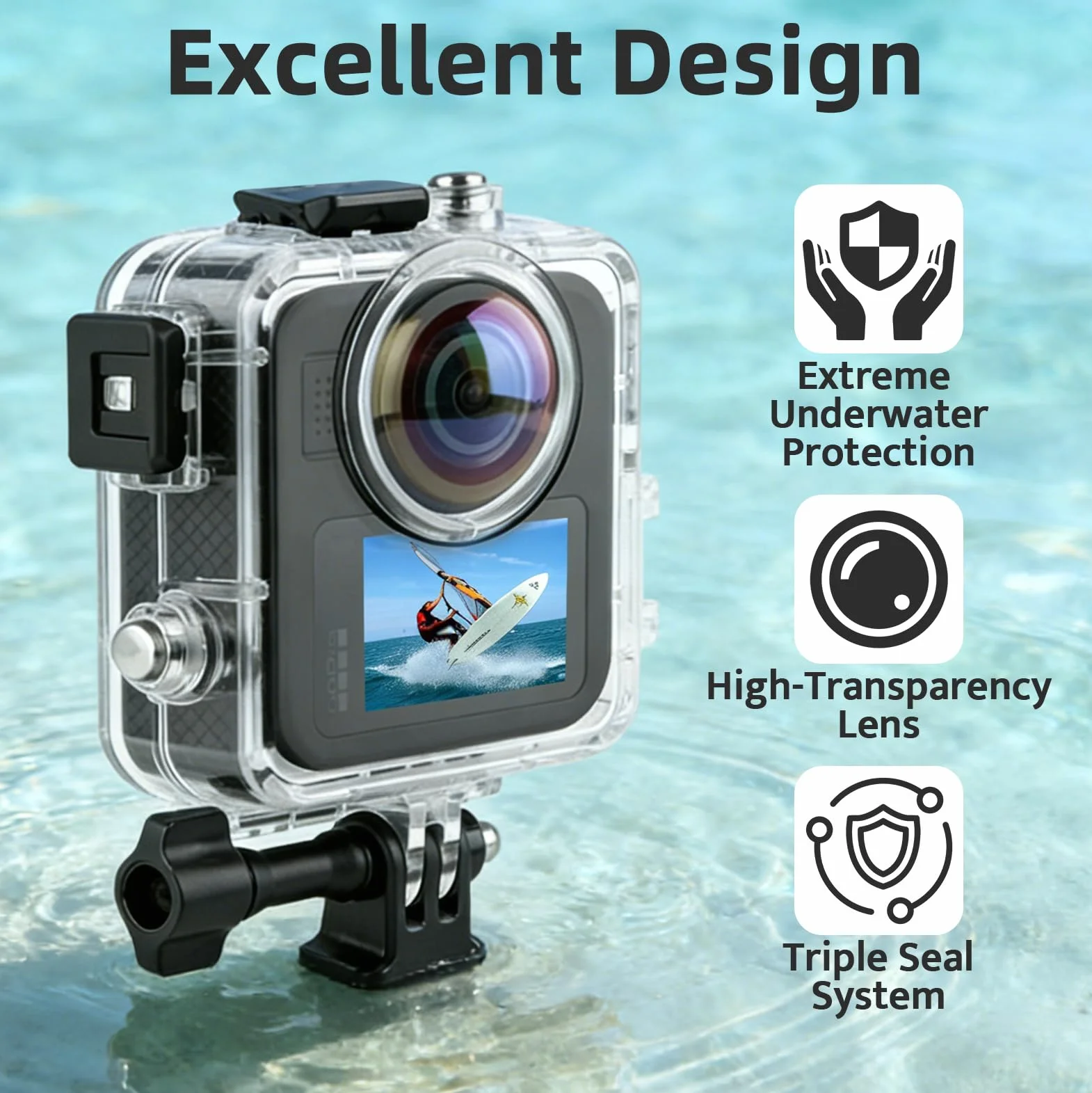 Wodoszczelna obudowa 50 m do GoPro MAX 2, powłoka do nurkowania głębinowego z potrójną uszczelką, wysoce przezroczysty obiektyw do pływania, nurkowania, surfowania