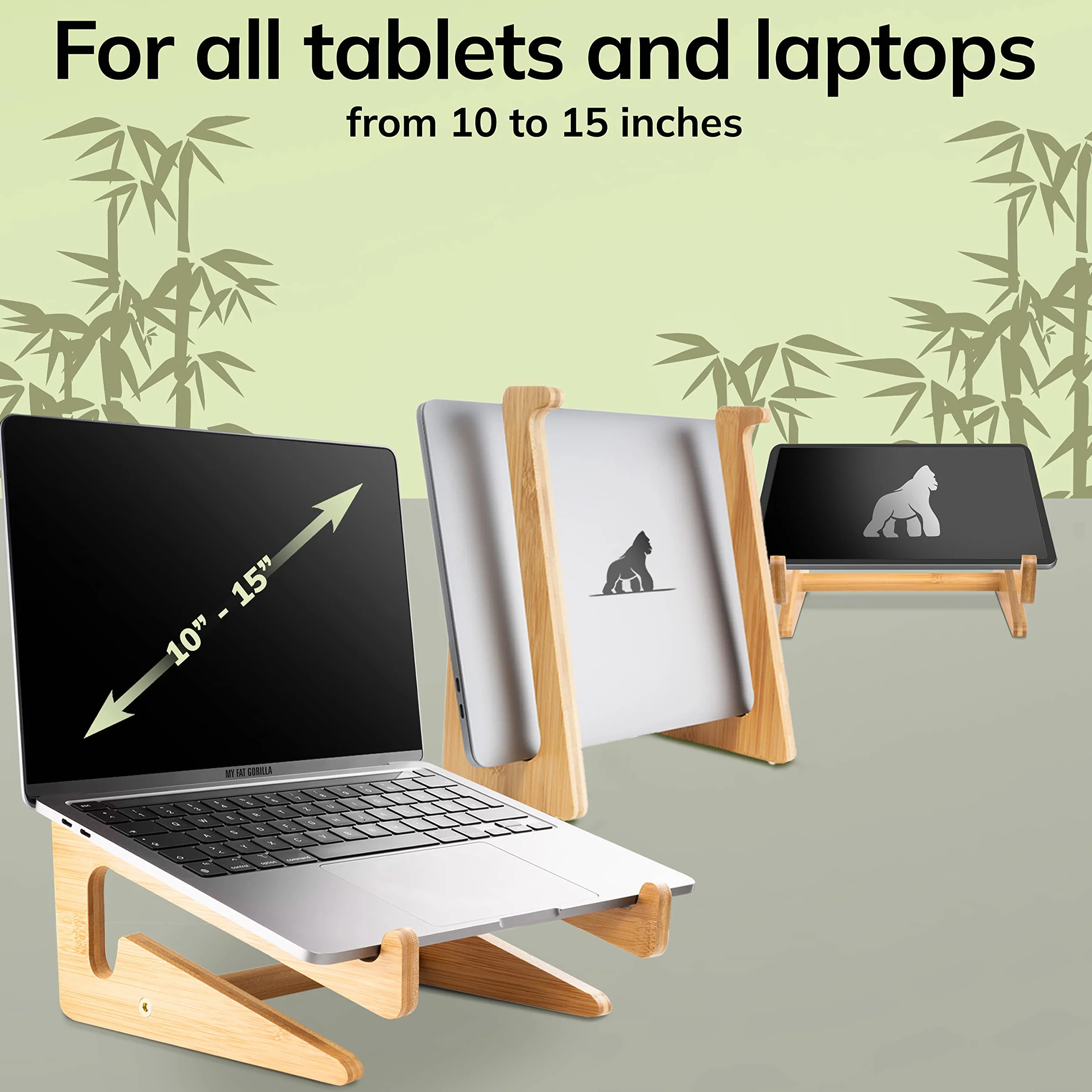 MY FAT GORILLA Stojak na Laptopa – Podstawka pod Laptopa 10-15 Cali MacBook Notebook – Antypoślizgowy Wentylacja Biurko – Uchwyt Drewniany (Bambus)