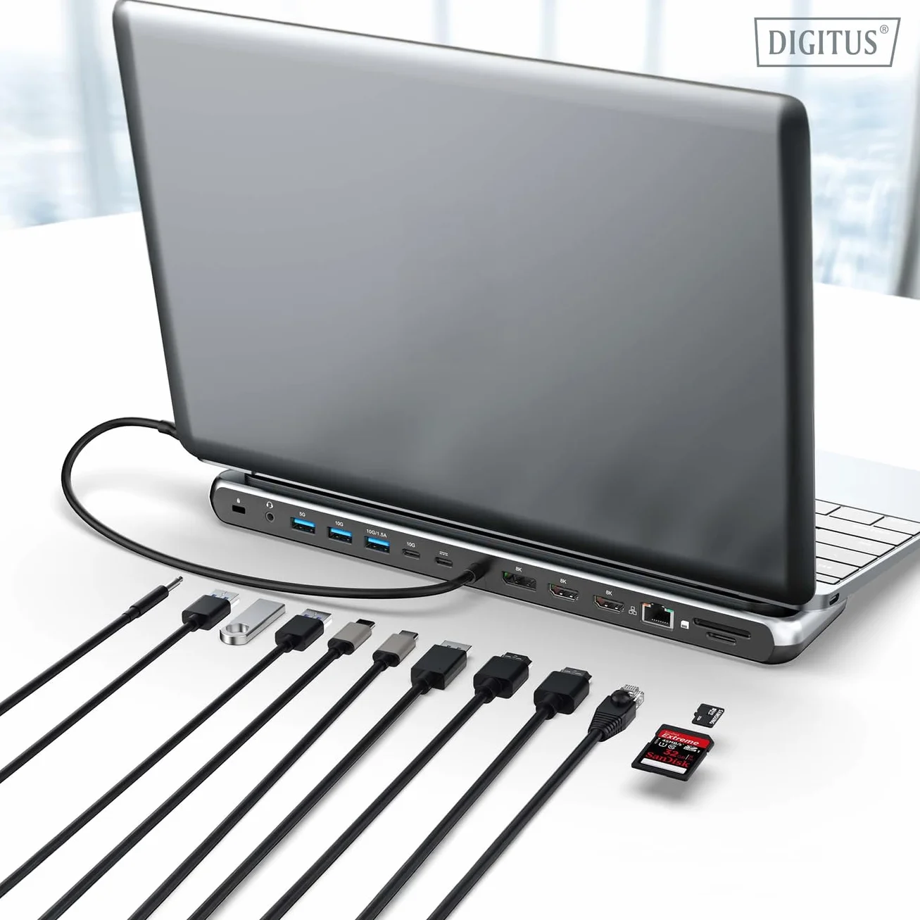 DIGITUS Stacja dokująca do notebooka – 12 portów – 2x HDMI, 1x DisplayPort 8K 30Hz – 2x USB-A 3.2 Gen2, 1x Typ-A 3.2 Gen1, 1x USB-C 3.2 Gen2 – 1x RJ45 – Czytnik kart SD/MicroSD – Złącze 3,5 mm – Szara