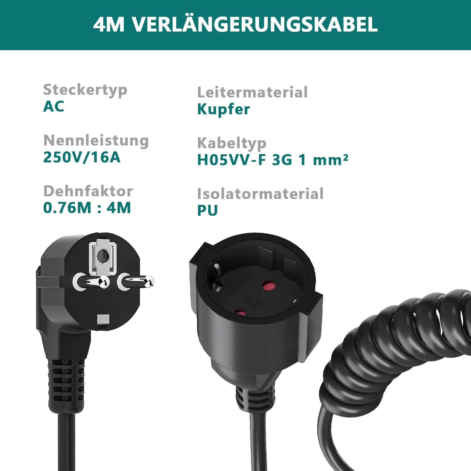 Przedłużacz z zestykiem ochronnym, przedłużacz spiralny rozciągliwy od 0,76 m do 4 m, przedłużacz IP20, przedłużacz (250 V/16 A), kabel spiralny z wtyczką i złączem Schuko, czarny