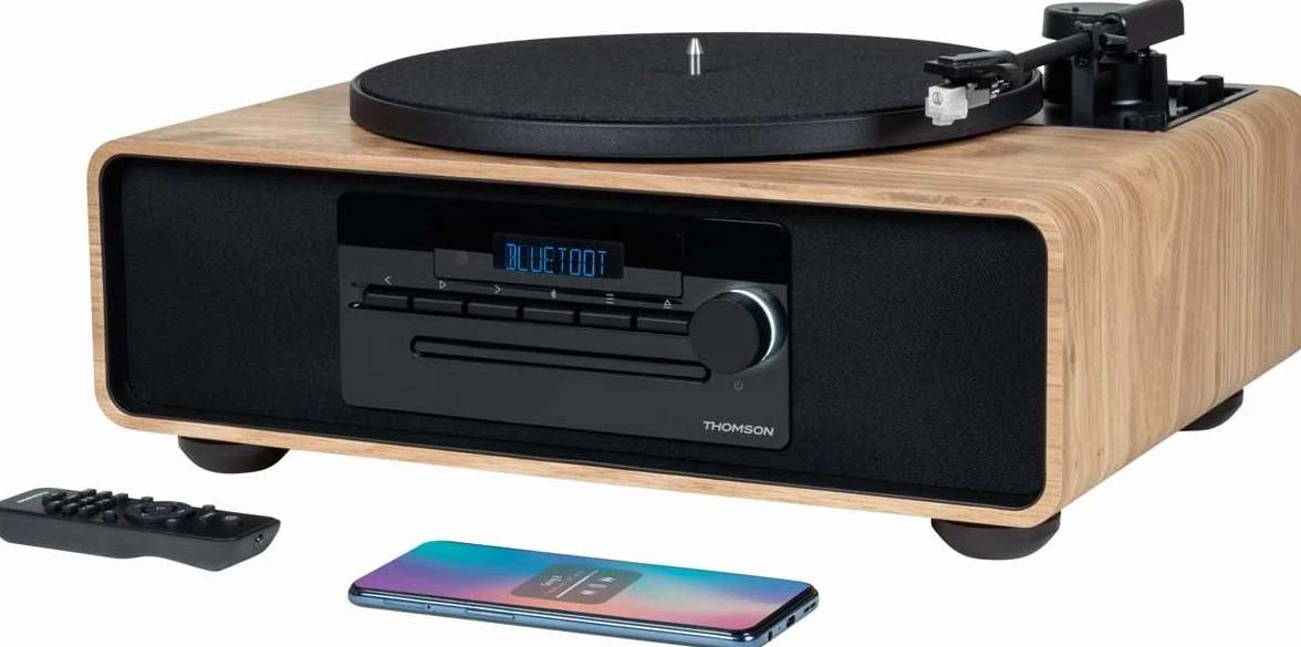 Microsistema Bluetooth con giradischi - THOMSON - Nero/Legno - Radio FM/CD/MP3/USB, 60W, Giradischi, Equalizzatore, Alimentazione 230V