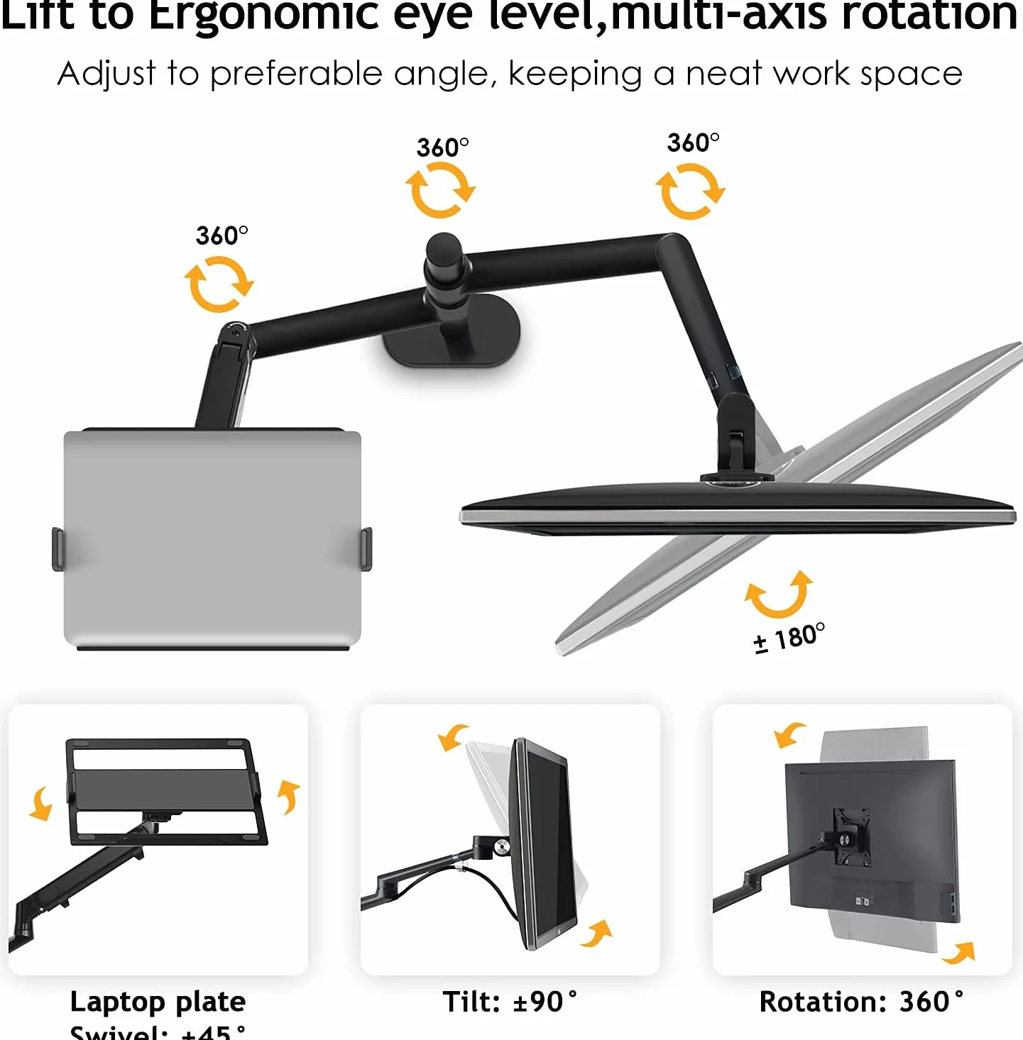 ThingyClub podwójny stojak na laptopa i monitor – pojedyncza wysokość regulowana sprężyna gazowa ramię laptopa i stojak na jedno ramię / uchwyt obrotowy uchwyt na biurko do monitora pasuje do ekranu komputera o przekątnej od 17 do 27 cali (czarny)