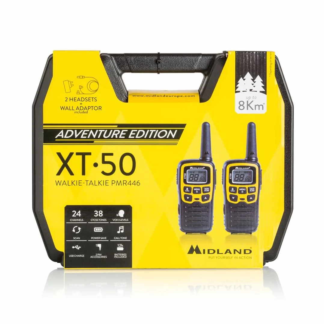 Midland XT50 Adventure PMR-Walkie Talkies zestaw walizek, 2 x wydajne radiotelefony dla dzieci i dorosłych, z wyświetlaczem LCD i gniazdem micro USB