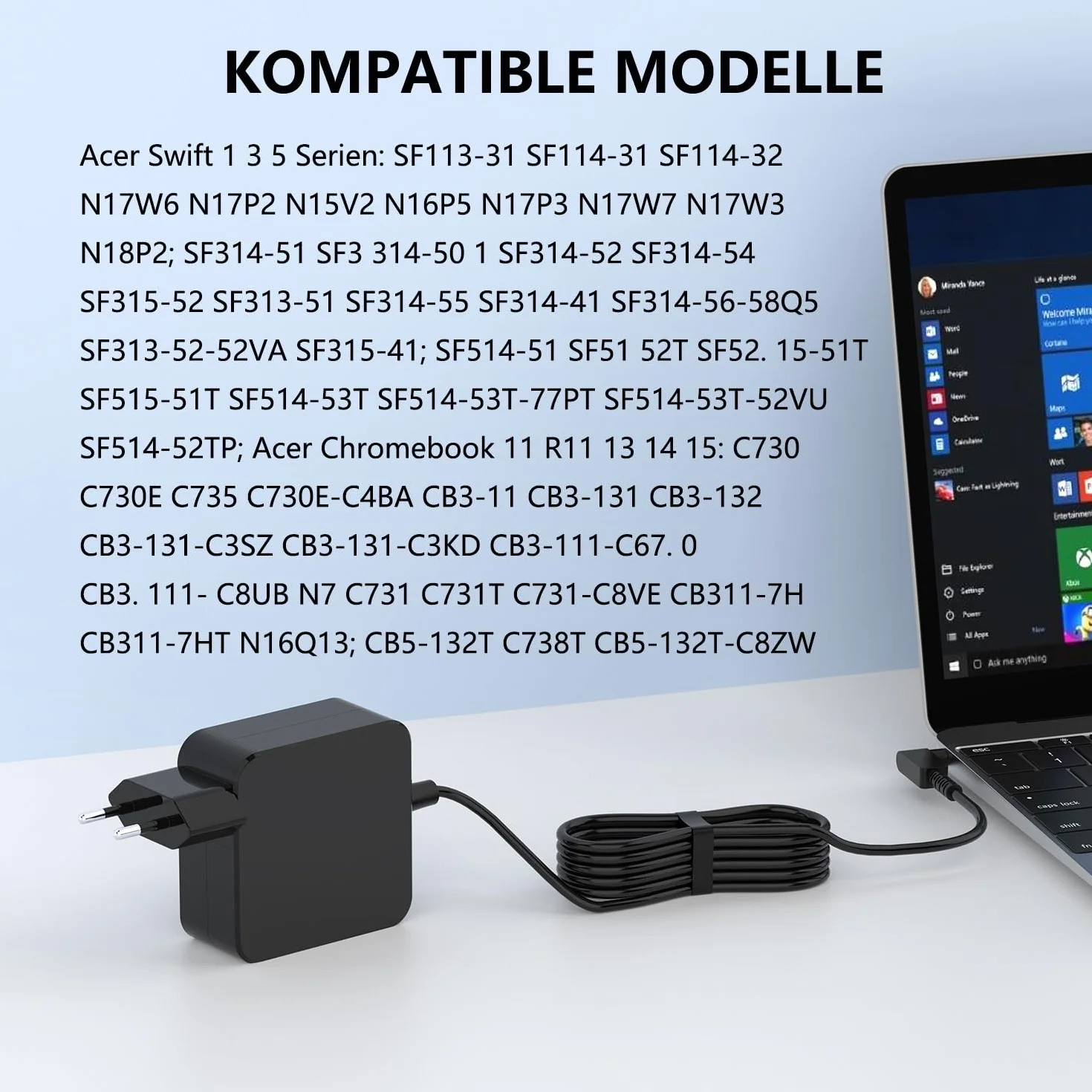 Ładowarka sieciowa 45W do Acer Swift 1 3 5 SF113-31 SF114-31 SF114-32 SF314-51 SF314-52 SF514-51 SF514-52T Spin 5 SP51 Chromebook113 14 15 R1 1-CB3 CB5 C730 przenośny adapter【3,0 x 1,1 mm】