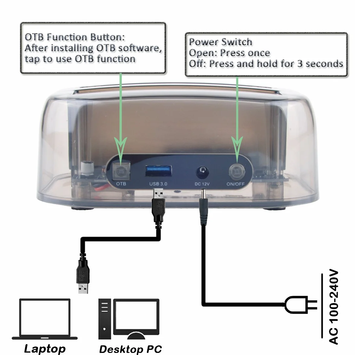 TCC-S865 USB 3.0 do SATA IDE Podwójne Gniazda Zewnętrzna Przezroczysta Stacja Dokująca z Czytnikiem Kart i 2 Portami USB 3.0 Hub Dla 2.5 3.5 Cala IDE SATA I/II/III HDD SSD