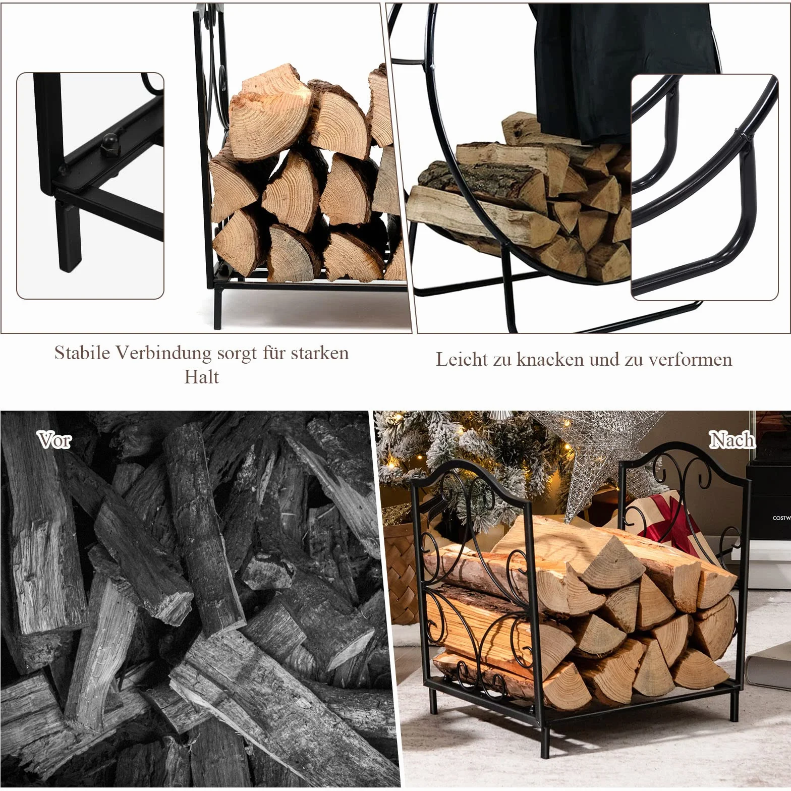 COSTWAY Regał na drewno kominkowe z metalu, regał na drewno opałowe, wytrzymuje do 60 kg, regał na walizki drewniane, stojak na drewno kominkowe 45x32x40 cm