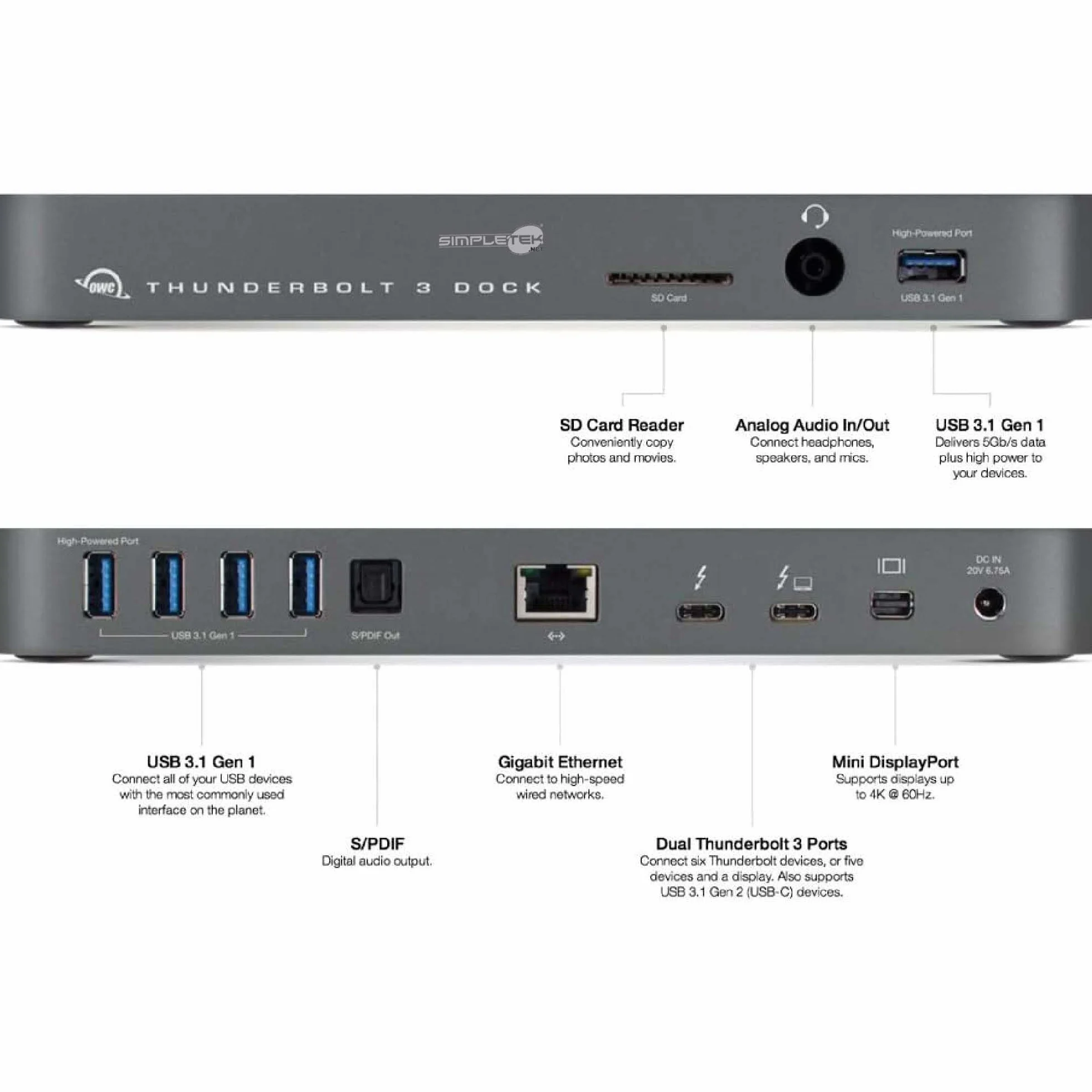 SIMPLETEK - Stacja dokująca Thunderbolt USB-C kompatybilna z MacBook Pro 13" 14" 15" 2018 2019 M1 M2 M3 M4, kompatybilna z HP Spectre (odnowiona)
