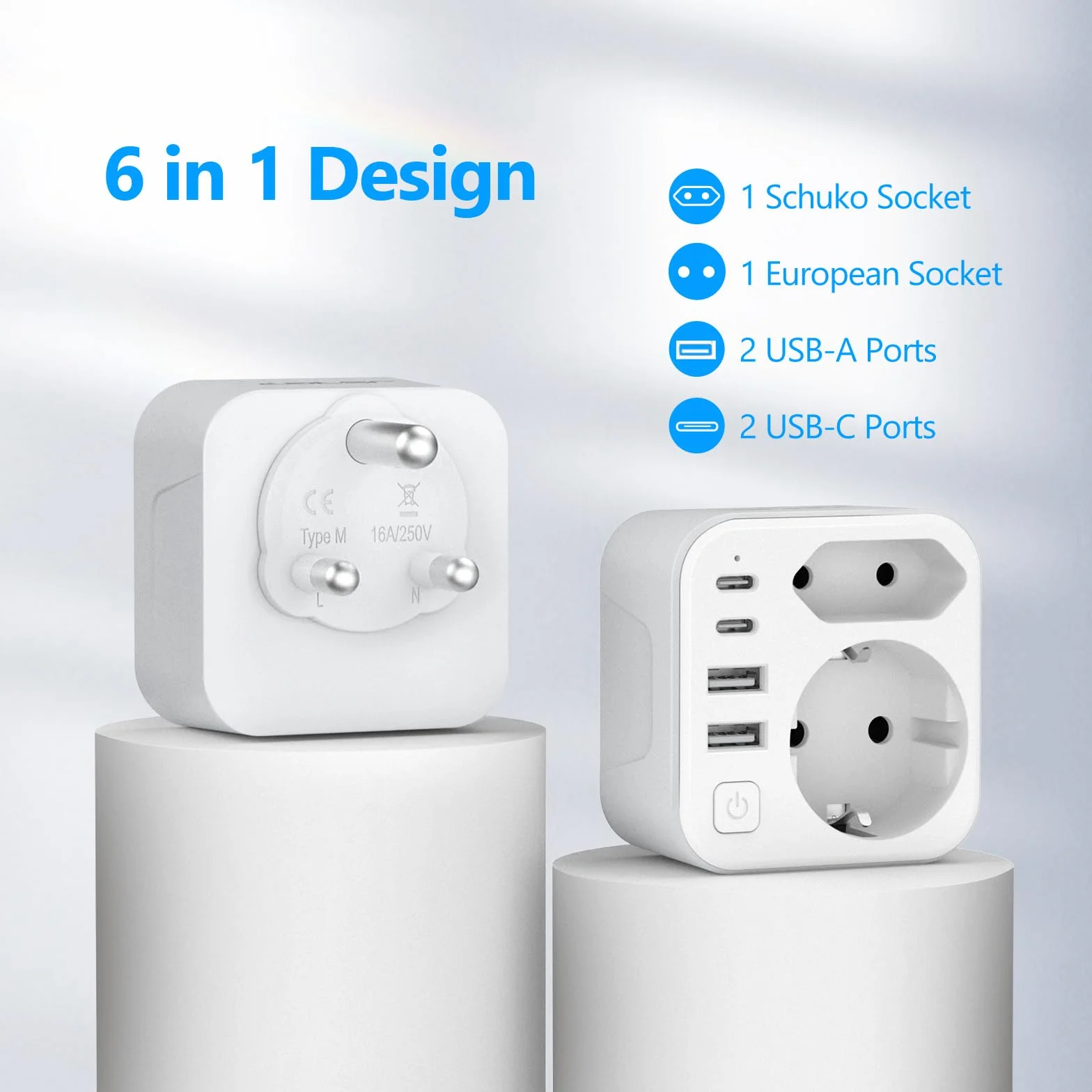 Adapter podróżny do Republiki Południowej Afryki, 2 wtyczki typu M z 2 USB i 2 USB C, 3,4 A 17 W