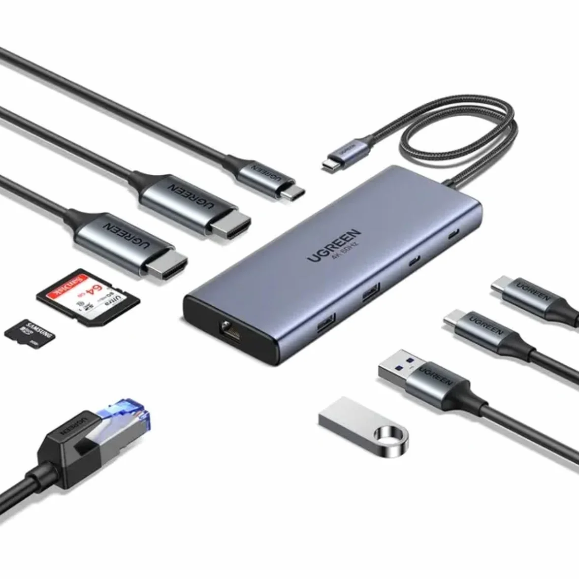 UGREEN Hub 10 w 1 USB-C 2HDMI 4K60Hz 2USB-C3.2, USB-A3.2, USB-A3.0, RJ45, SD, TF PD100W