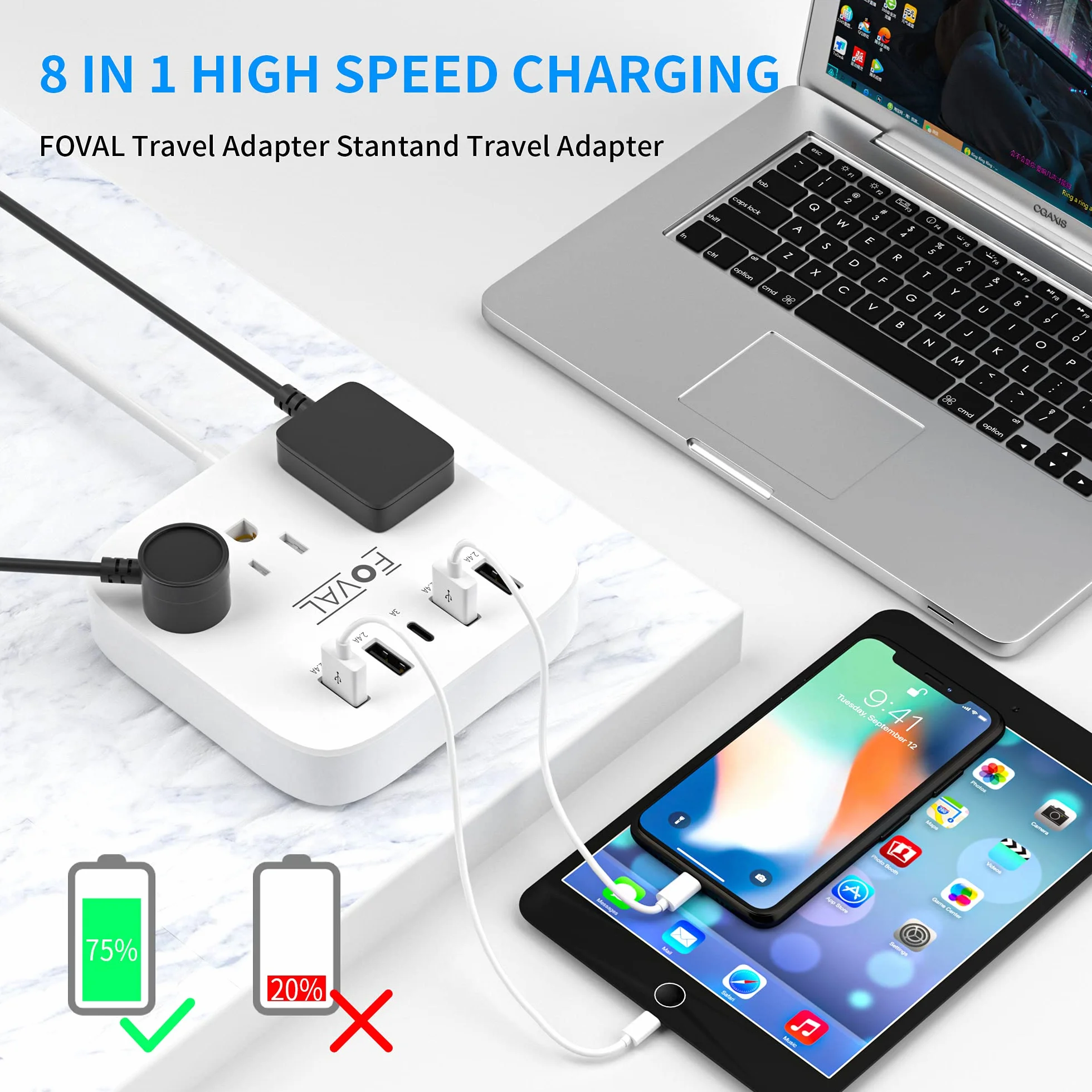 Europejski adapter podróżny FOVAL UE UK USA listwa zasilająca z USB C i 4 portami USB, 3 gniazda AC, montaż na ścianie, przedłużacz 1,5 m, kompaktowy do podróży, statku wycieczkowego, domowego biura