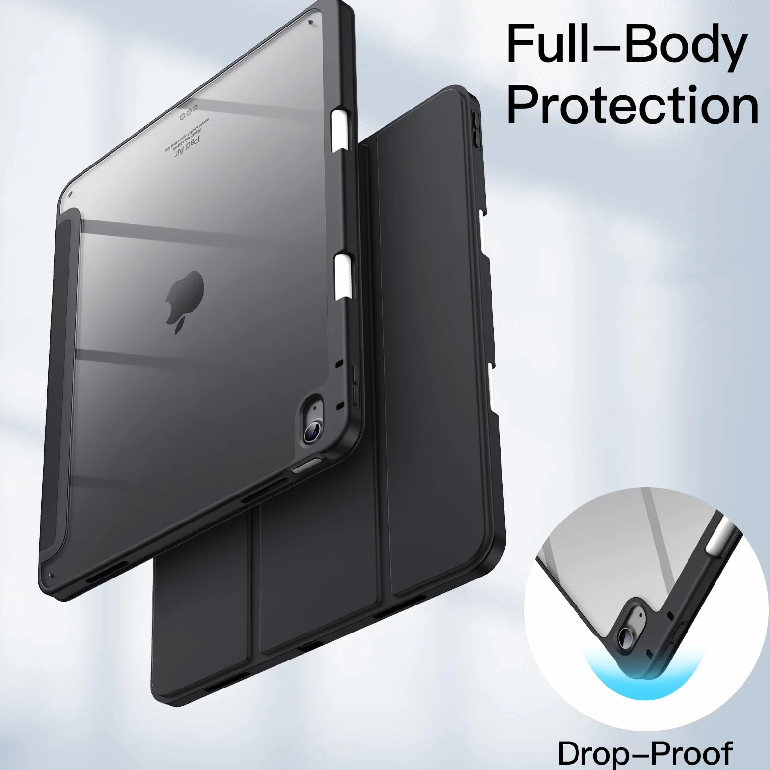 JETech Etui dla iPad Air 13 Cala M4/M3/M2 (2026/2025/2024) z Pencil Uchwyt, Przejaśniać Przezroczyste Tylna Skorupa Smukłą Podstawkę Odporny na Wstrząsy Osłoną Tabletu (Czarny)