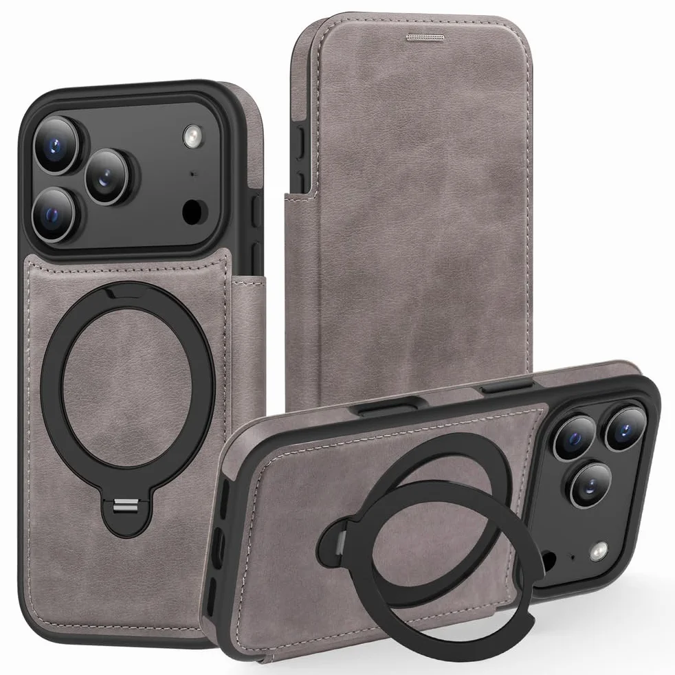 Skórzane etui na iPhone 17 Pro Max/17 Pro/Air/17, Biznesowe Klapki na Karty Etui na Telefon Komórkowy z Magnetycznym Uchwytem Pierścieniowym Obudowa, Szary, 17