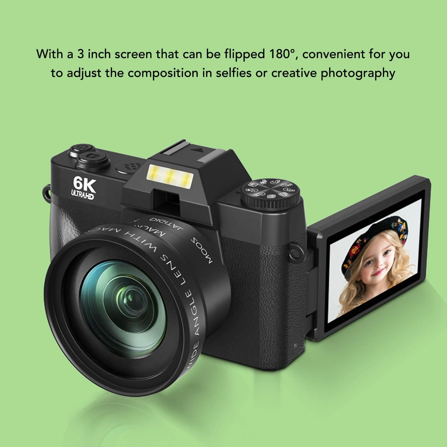 6K Aparat Cyfrowy do Fotografii, 64MP Wi -Fi Autofocus Video Camara z Ekranem Klapki 180 °, 16x Zoom, Kompaktowa Konstrukcja do Podróży, Karta Pamięci 32 GB