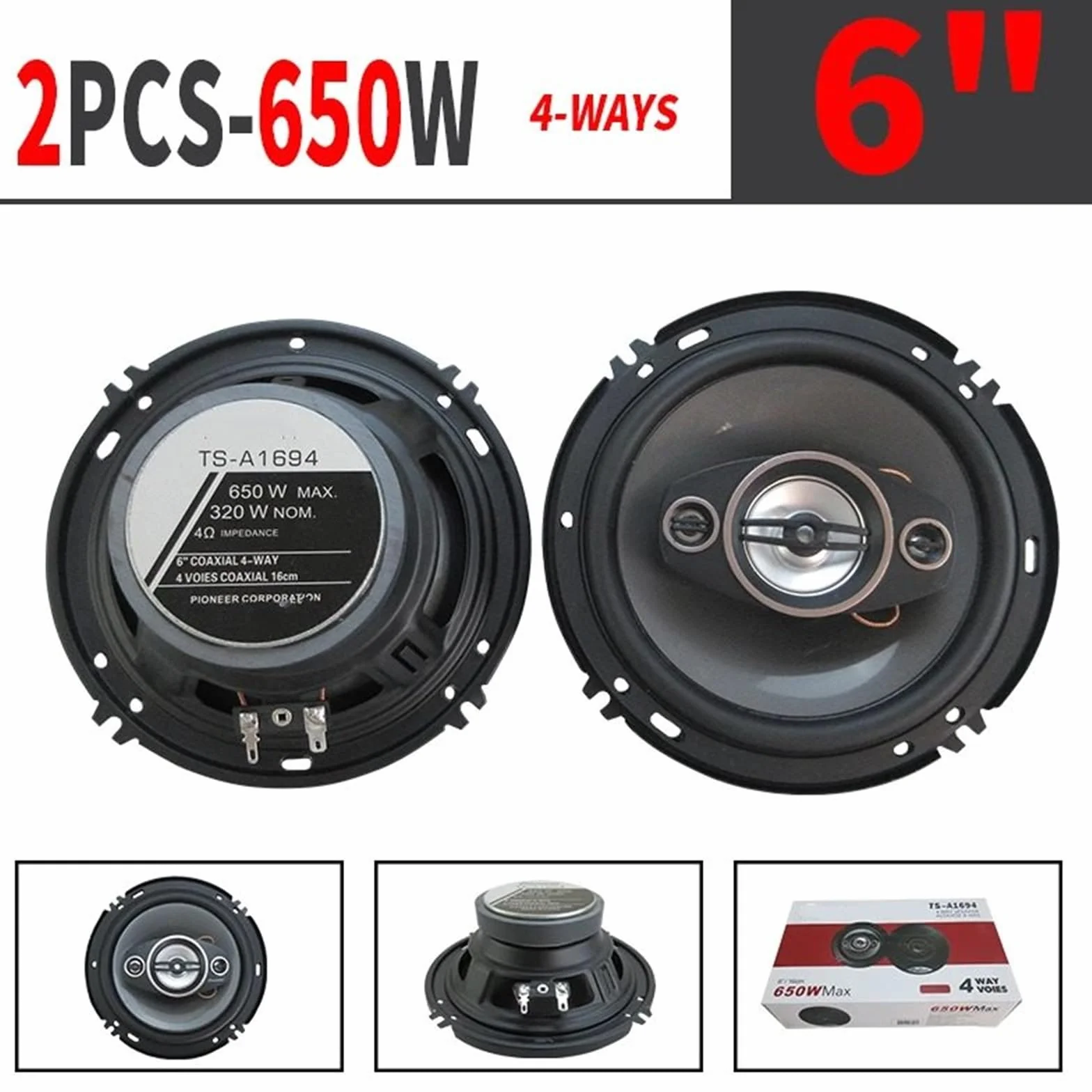 Car Tweeters 1 para 6-calowych 4-drożnych głośników współosiowych HiFi 650 W, głośniki stereo do muzyki samochodowej o pełnym zakresie częstotliwości