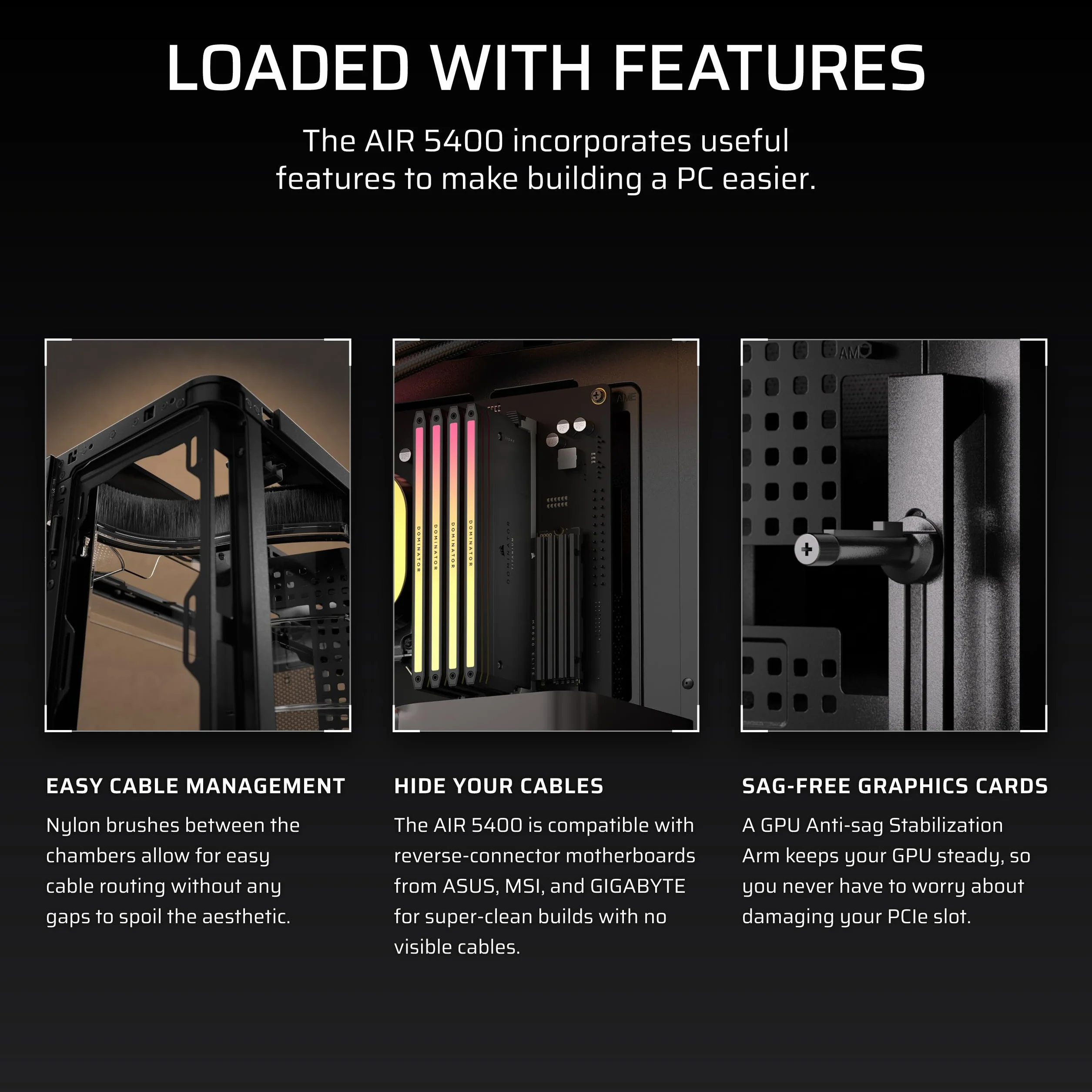 CORSAIR AIR 5400 LX-R RGB iCUE LINK trzykomorowa obudowa Mid-Tower Panoramiczna PC – 3 x wstępnie zainstalowane wentylatory LX-R RGB z odwróconym wirnikiem, niski poziom hałasu, kanały o wysokim