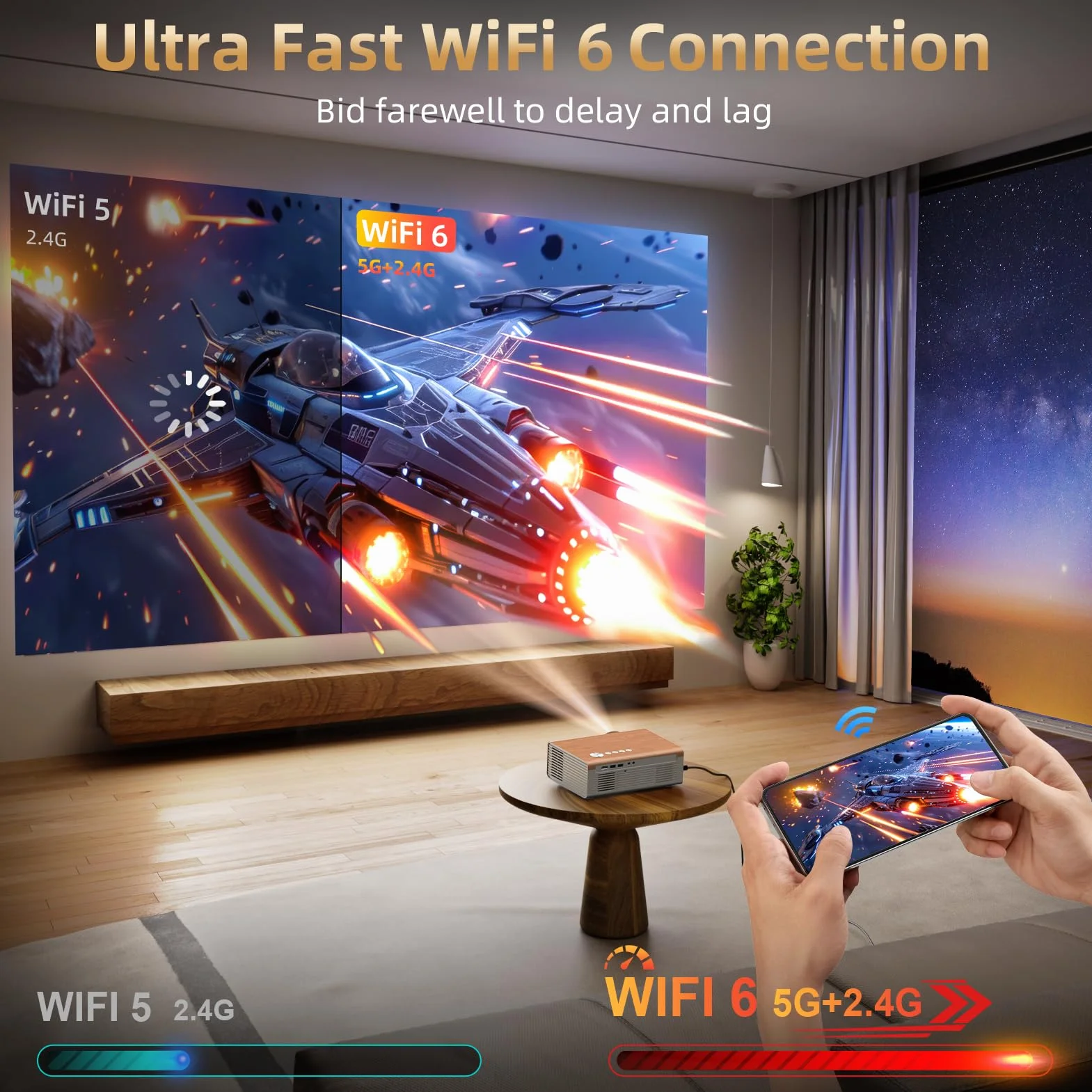 Elektryczny fokus/Auto 6D Keystone] Projektor FUDONI z WiFi6 i Bluetooth5.4, 800ANSI Native 1080P przenośny zewnętrzny projektor filmowy, Smart Home Proyector 4K, obsługa HDMI/USB/iOS/Android/TV