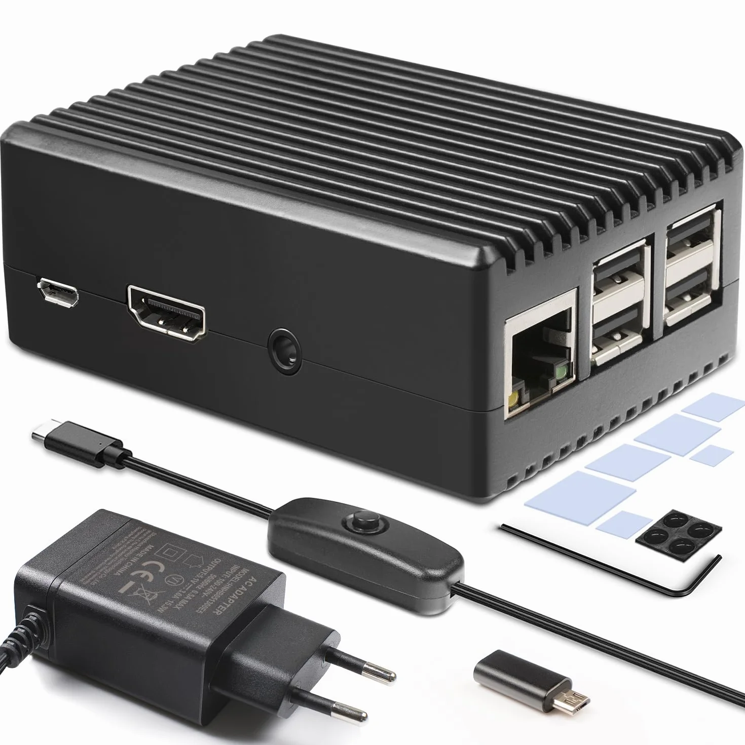 Miuzei Obudowa Raspberry Pi 3 B+ z zasilaczem sieciowym, aluminiowa, pasywna obudowa chłodząca z adapterem micro 5,1 V 3 A