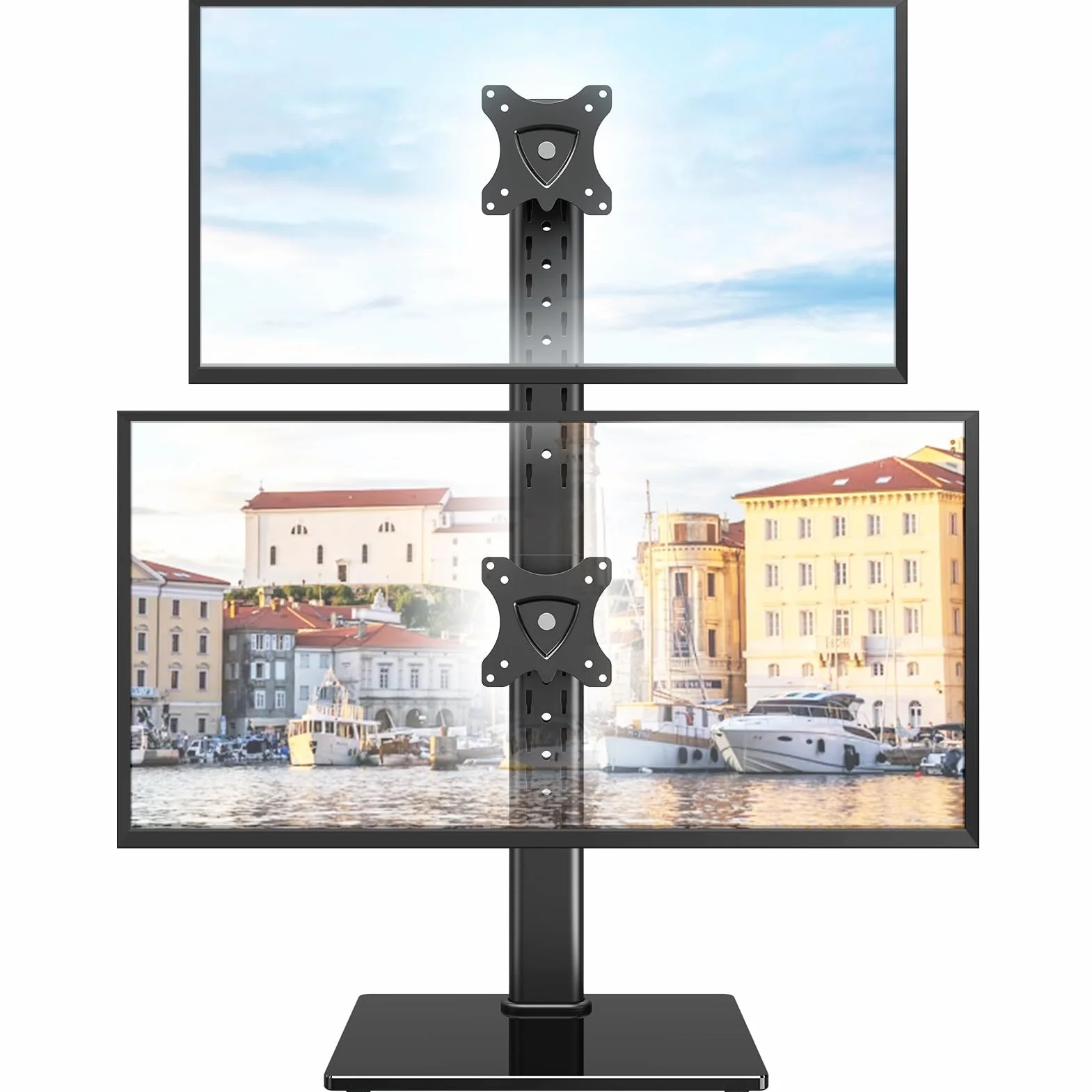 ELIVED Podwójny stojak na biurko, pionowe ramię monitora wolnostojące do większości monitorów 13–32 cale z VESA 75 x 75 / 100 x 100 mm do 15 kg, obrót o 360° regulowany uchwyt na monitor PC EV2012