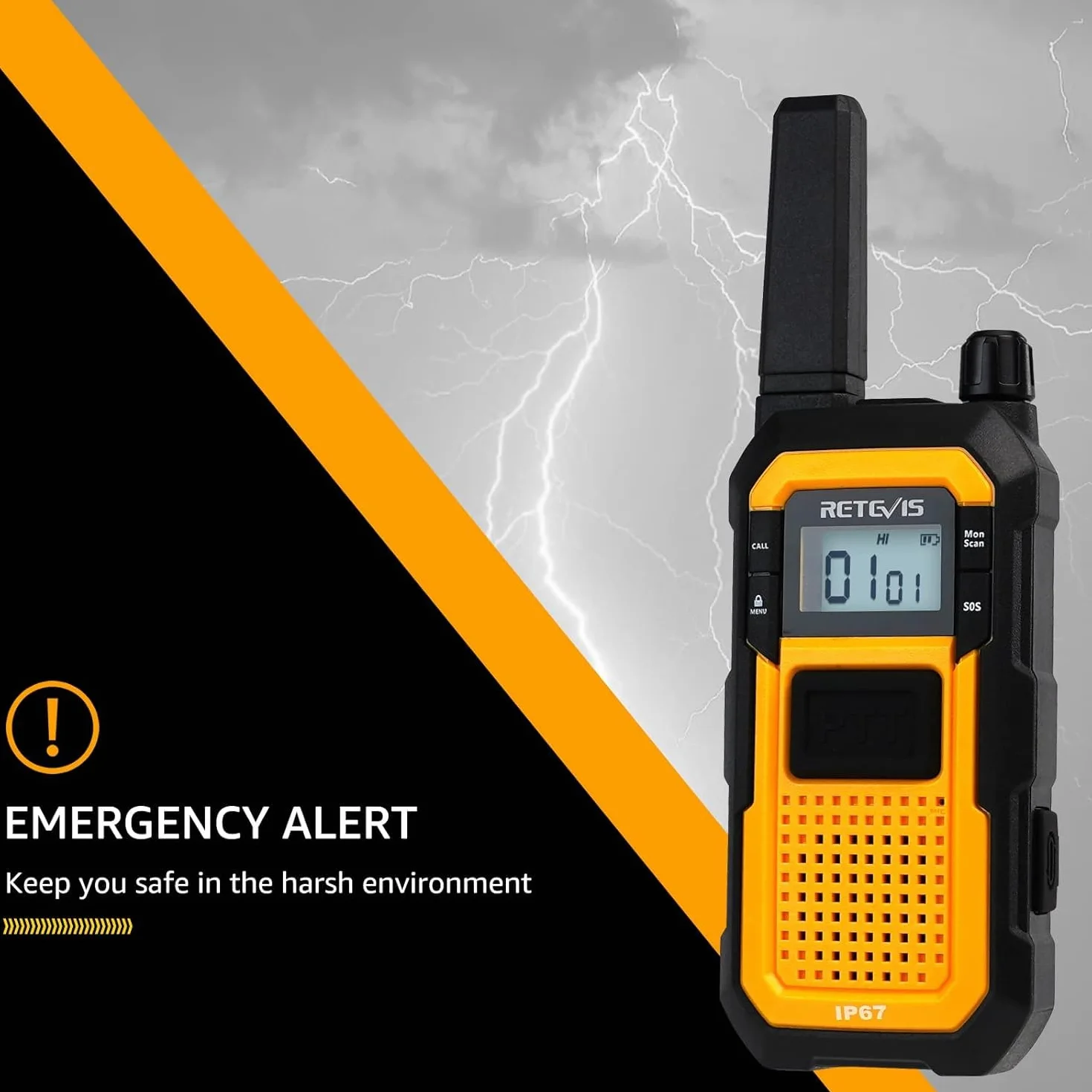 Retevis RB648 Krótkofalówka IP67, Walkie Talkie, Radio Dwukierunkowe MIL-STD-810H, Podwójny PTT, z Mikrofonogłośnikiem z AI Redukcją Szumów (w mikrofonie), Do Przemysłu (2 Szt., Żółty)