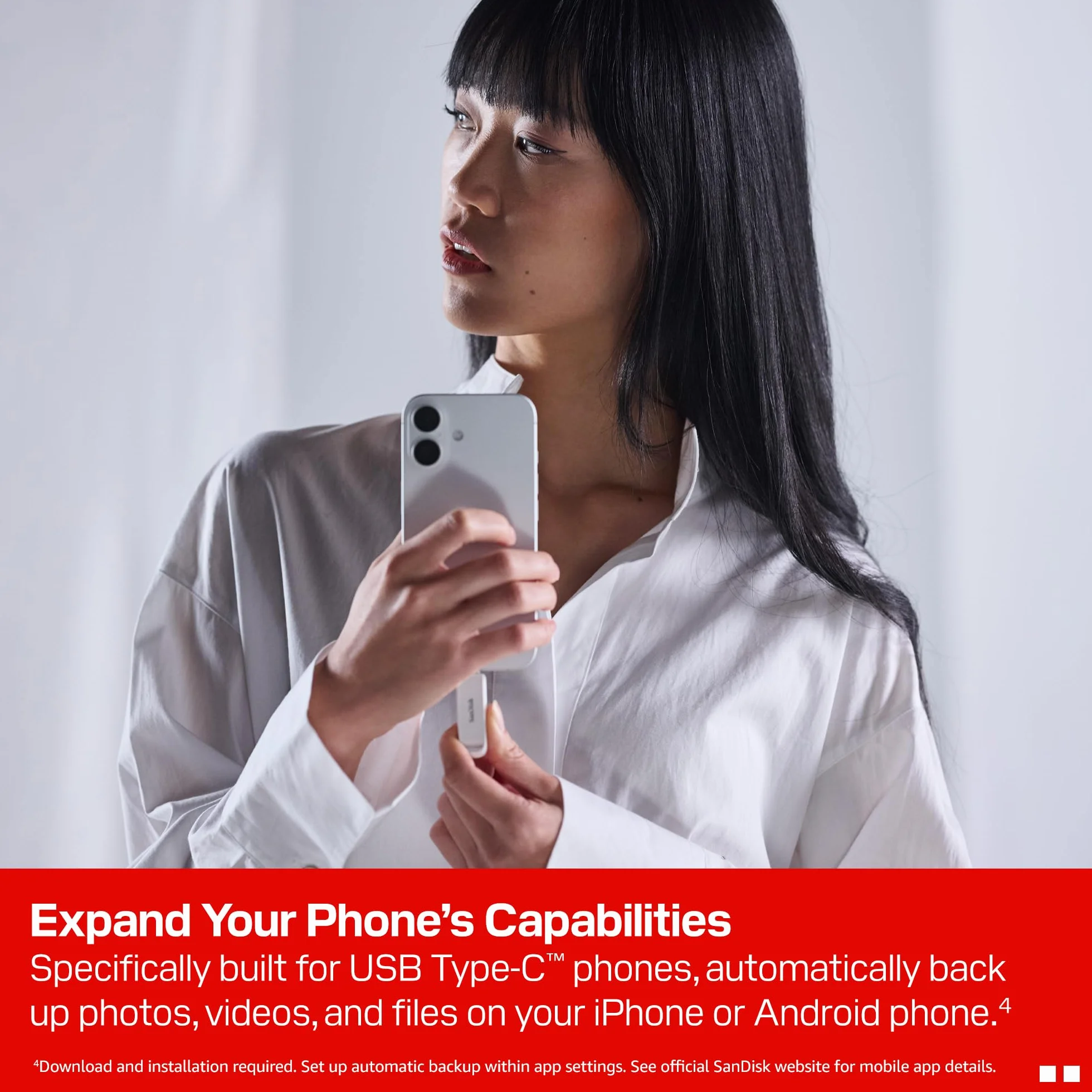 SanDisk Phone Drive z USB Type-C 1 TB (do telefonu, do smartfonów, tabletów i komputerów, prędkością 150 MB/s, Wykonuj automatyczne kopie, Dzięki odzyskiwaniu) - Arctic White
