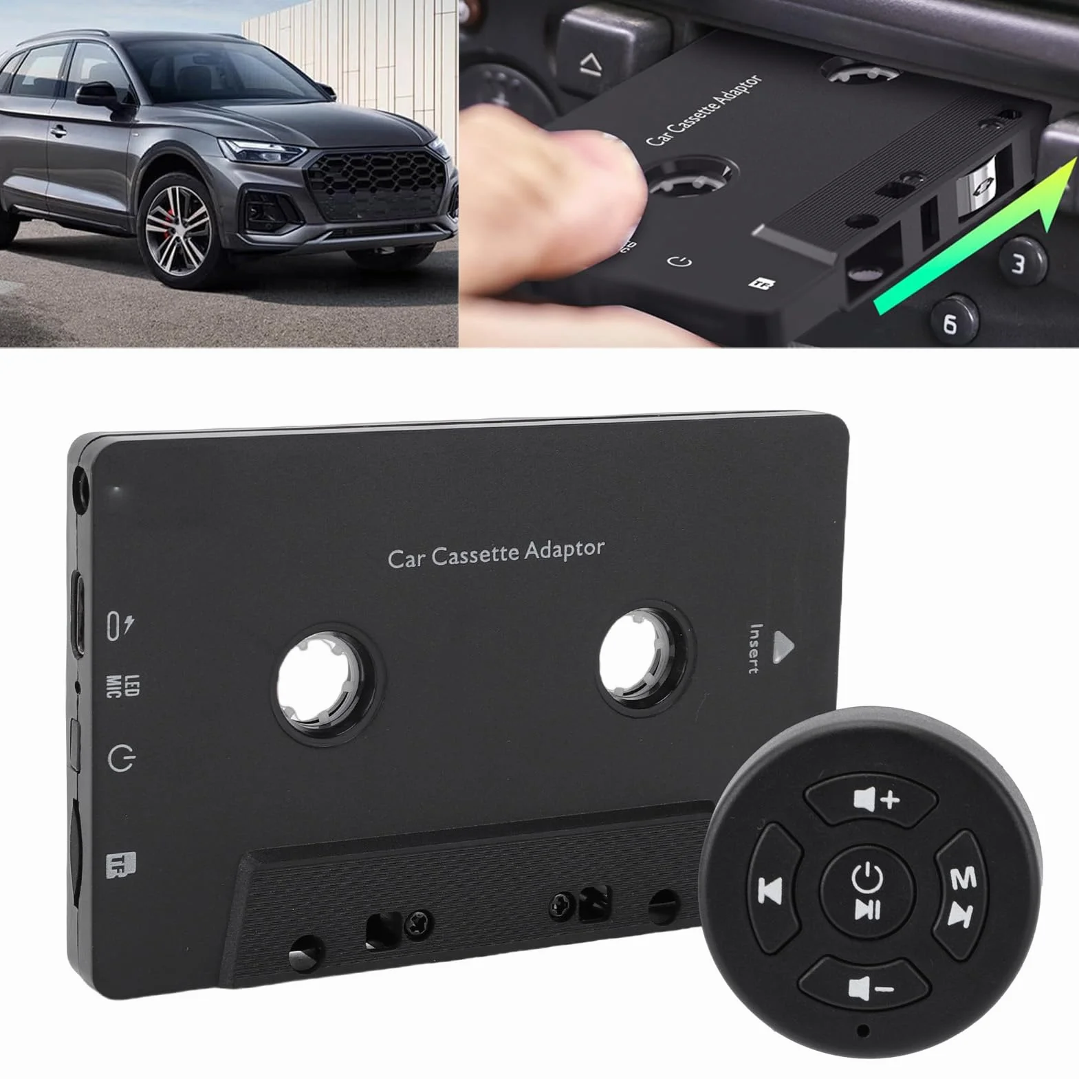 Asixxsix Car Audio Odbiornik Kasetowy Bluetooth 5.4, Bezprzewodowy Adapter Kasetowy Aux z Pilotem na Kierownicy, do Smartfonów, Tabletów, Karty MP3 TF