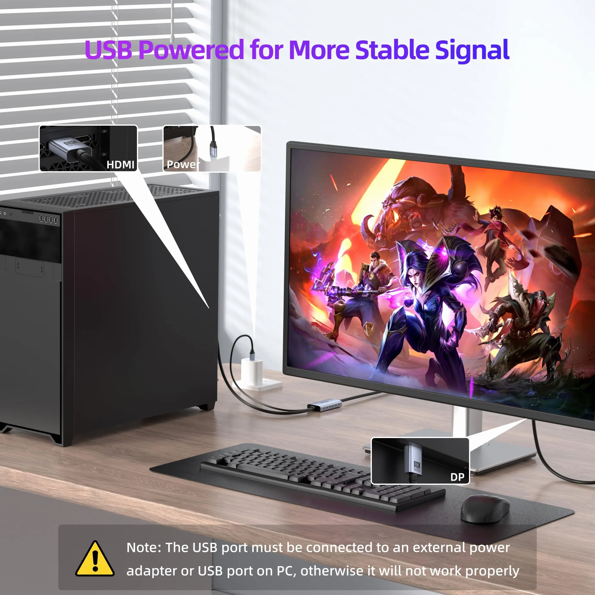 fairikabe kabel adapter HDMI 2.1 do DisplayPort 1.4 4K@144Hz, 1,8 m, kabel aktywny jednokierunkowy HDMI 4K@120Hz/8K do Display Port, kabel monitora 8K, konwerter do komputera PC PS5 Xbox, złącze wtyk