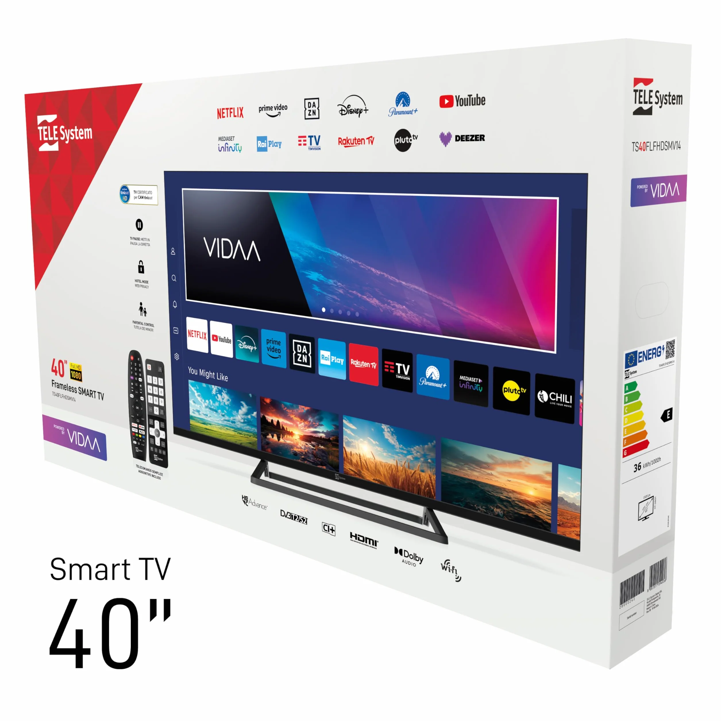 TELE System Smart TV 40 cali Full HD LED Frameless, certyfikat CAM tivùsat, HbbTV, HDR10 HLG, zasilany przez VIDAA, podwójny pilot w zestawie.