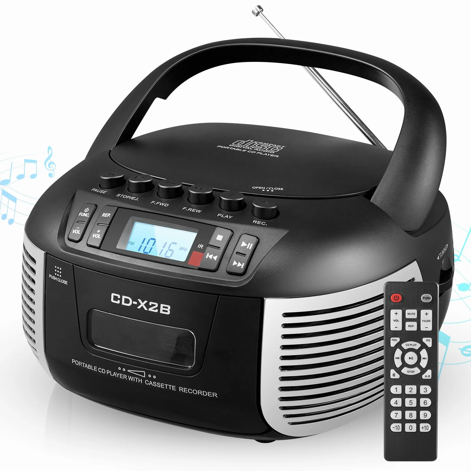 Zestaw odtwarzaczy CD i kasetowych, odtwarzacz CD Boombox z radiem FM/Bluetooth/AUX/USB/nagrywanie taśmy, pilot zdalnego sterowania, gniazdo słuchawkowe, wyświetlacz LCD, podwójny dźwięk