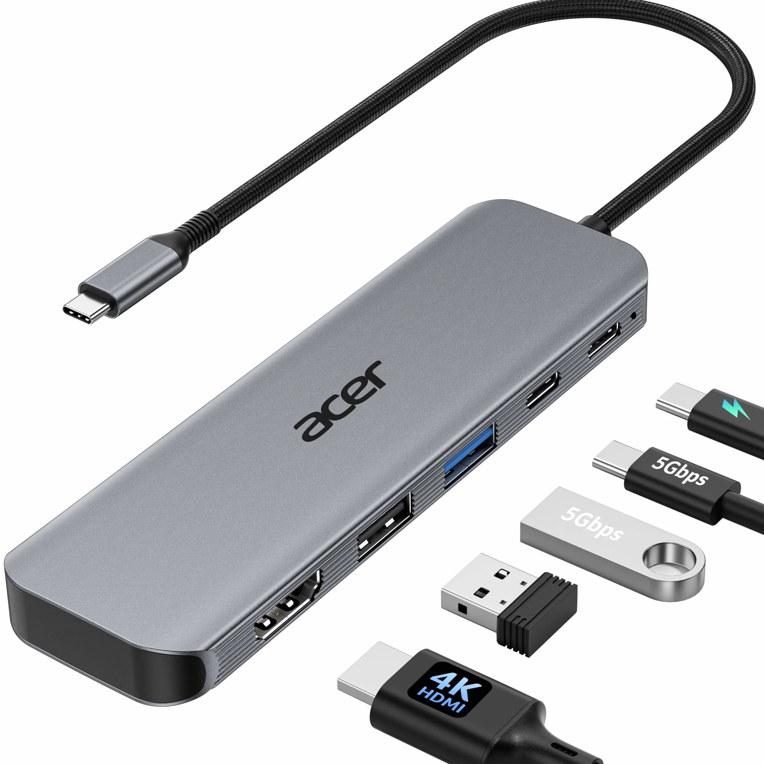 Acer Hub USB-C 5w1, USB-C do HDMI 4K@60Hz, USB-A+C 5Gbps, Ładowania PD 100W | Aluminiowy Rozdzielacz Wieloportowy z Adapterem do Laptopa iPhone 17/16/15, MacBook iPad Pro/Air, Mac mini M4, Surface S26