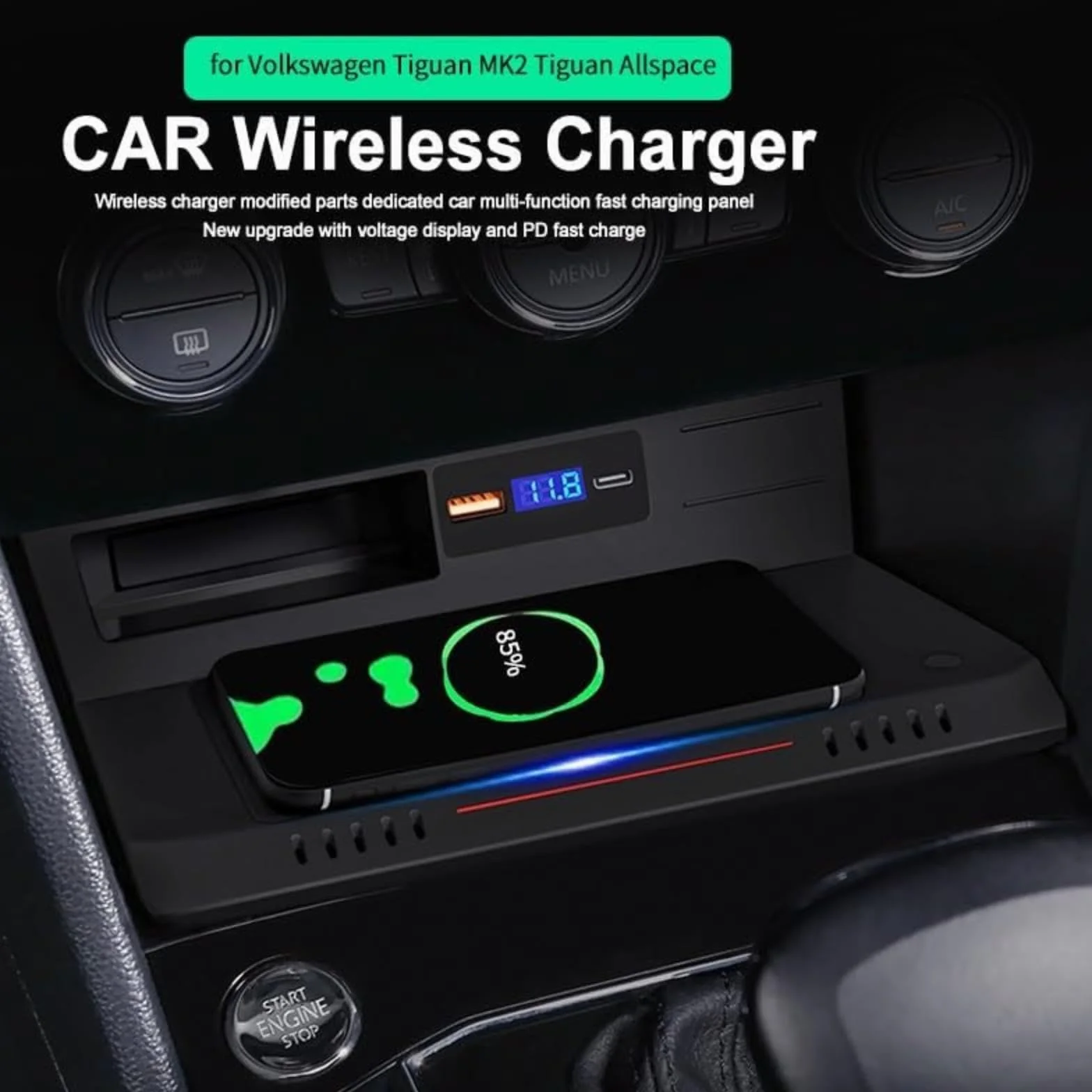 Car Wireless Charger, dla Tiguan, Mk2, dla Allspace 2017-2019 Qi Tablica opłat bezsznurowych Fast Charging Adapter Plate Panel Phone Holder Bezprzewodowa ładowarka samochodowa do telefonu