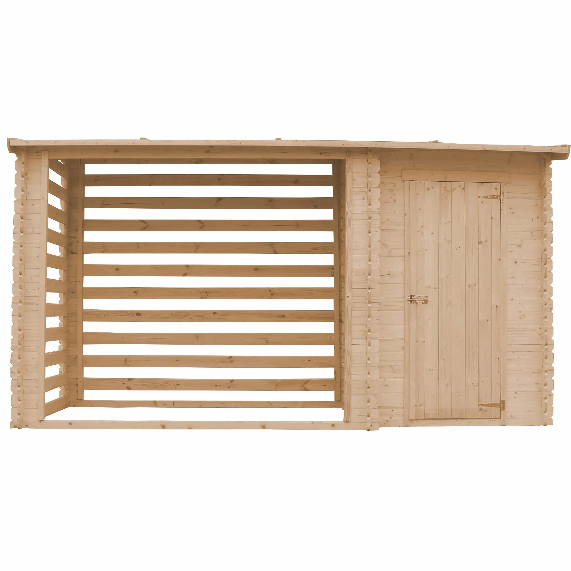 TIMBELA Drewniana szopa ogrodowa M205 – domek ogrodowy z regałem na drewno opałowe – domek ogrodowy z drewna szer. 344 x dł. 146 x wys. 199 cm / 3,64 m2 – szopa ogrodowa z wodoodpornym dachem –