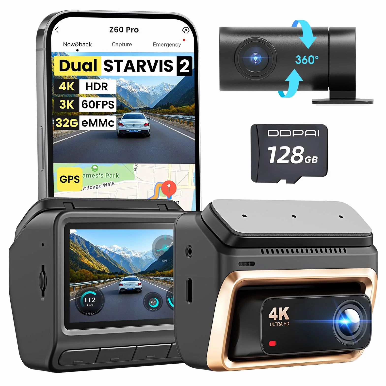 DDPAI Z60 Pro 4K Rejestrator Jazdy Przedni/Tylny, Podwójny STARVIS 2, Wbudowana eMMC 32GB + Darmowa karta 128GB, AI-ISP Widzenie nocne, 4G LTE, WiFi 5GHz GPS, Tryb parkingowy 24h, Ekran IPS 3”
