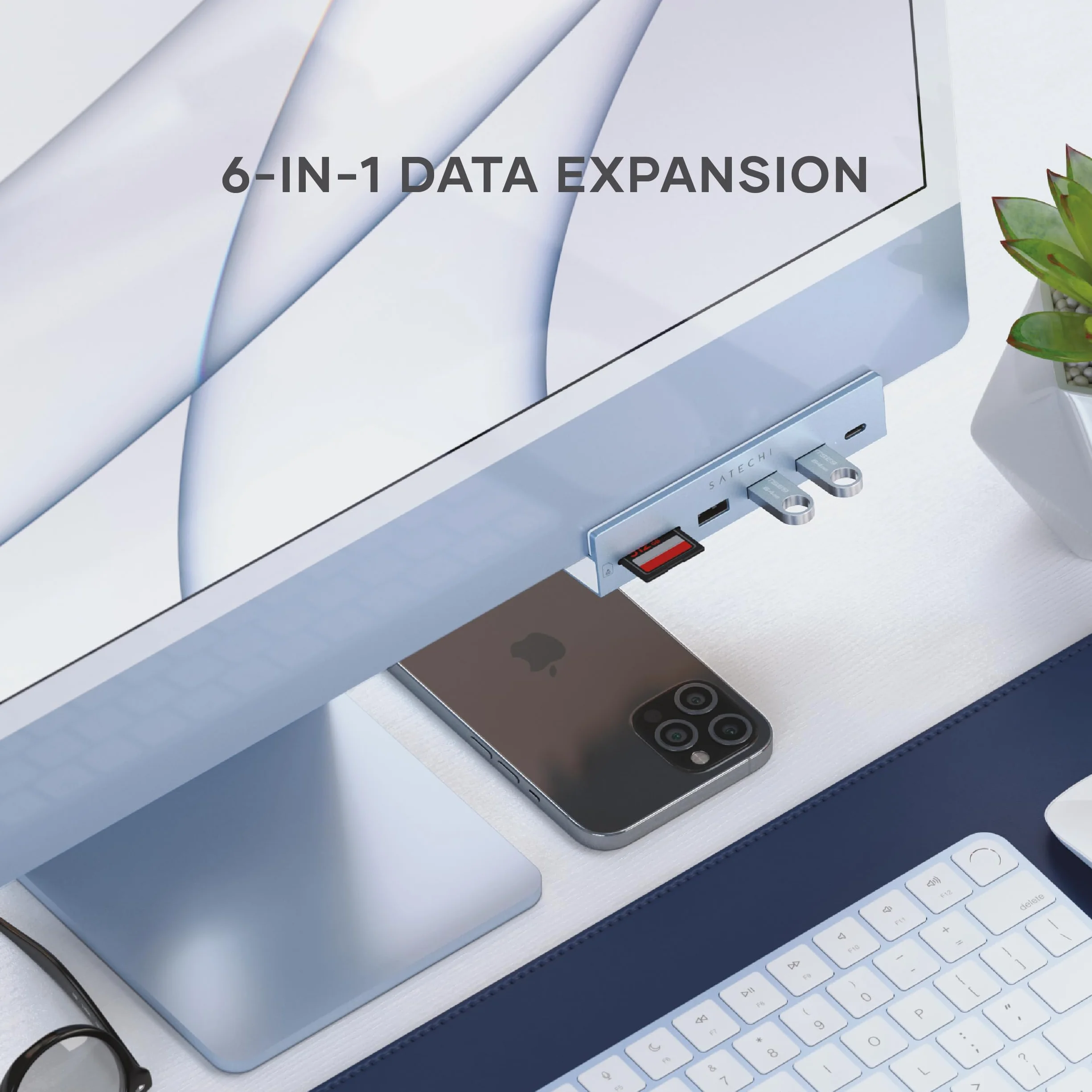 SATECHI hub USB-C do 24-calowego iMaca i Studio Display, niebieski | Port USB-C do danych, 3 porty USB-A i czytniki SD/microSD; niezgodny z modelami iMac z 2020 roku i starszymi
