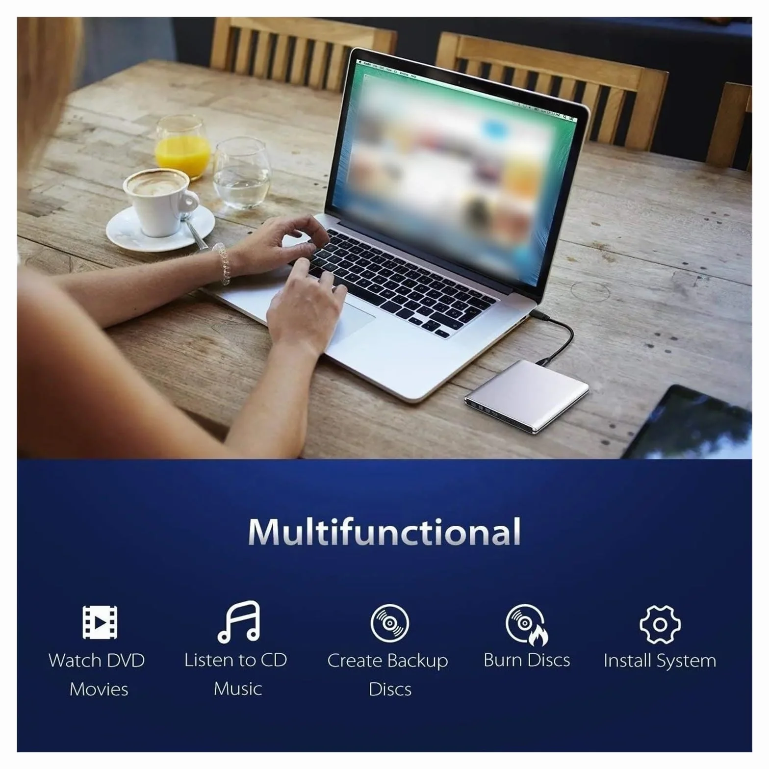 Odtwarzacz DVD, Ultracienki Zewnętrzny Napęd Blu-Ray 4K — USB3.0 Nagrywarka 3D Czytnik Odtwarzacz CD/DVD