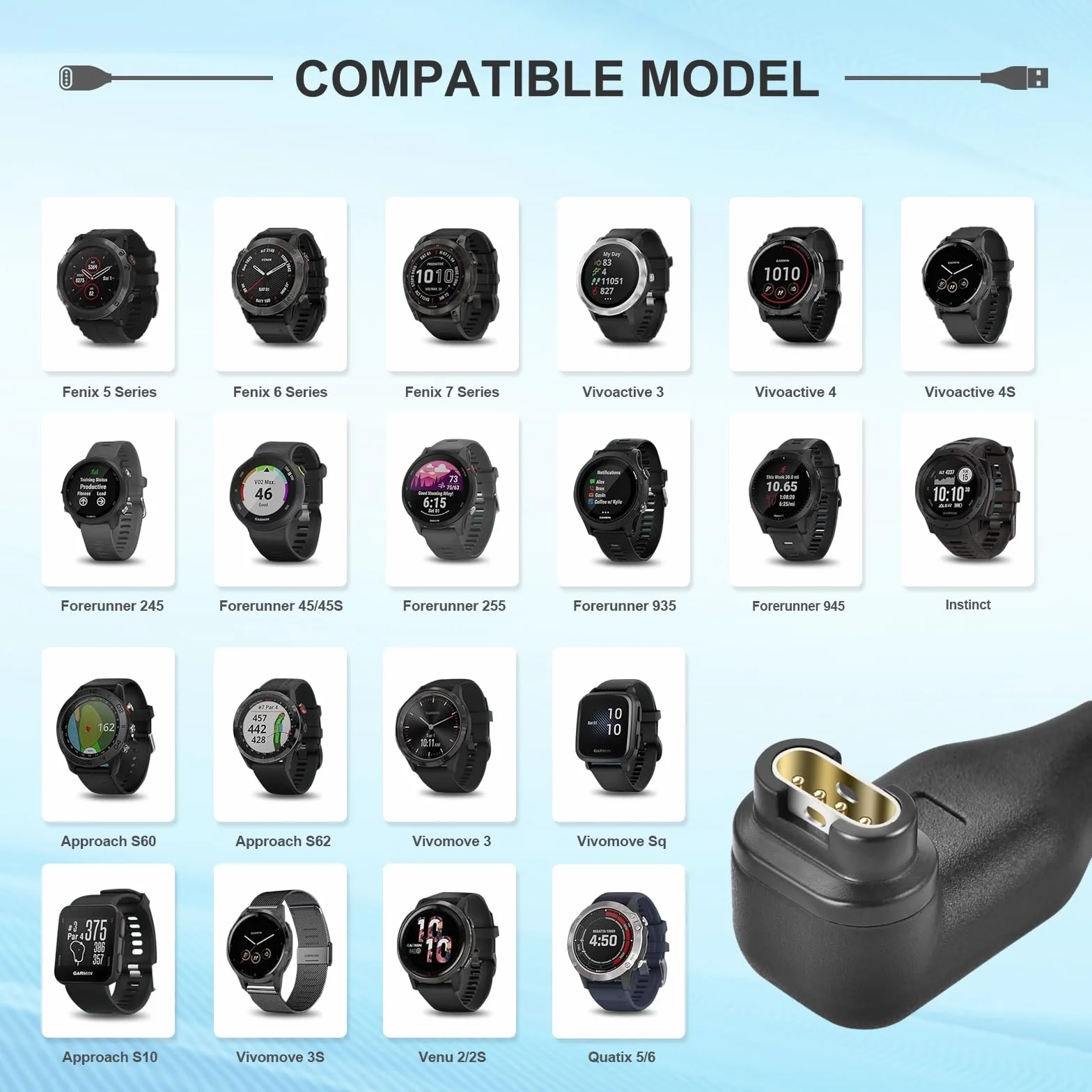 Kabel do ładowania Garmin Fenix 7 6 5 4 3, USB A do ForeAthlete 245 745 935 945, Approach S10 S12 S60 S62, 2 szt. + adapter
