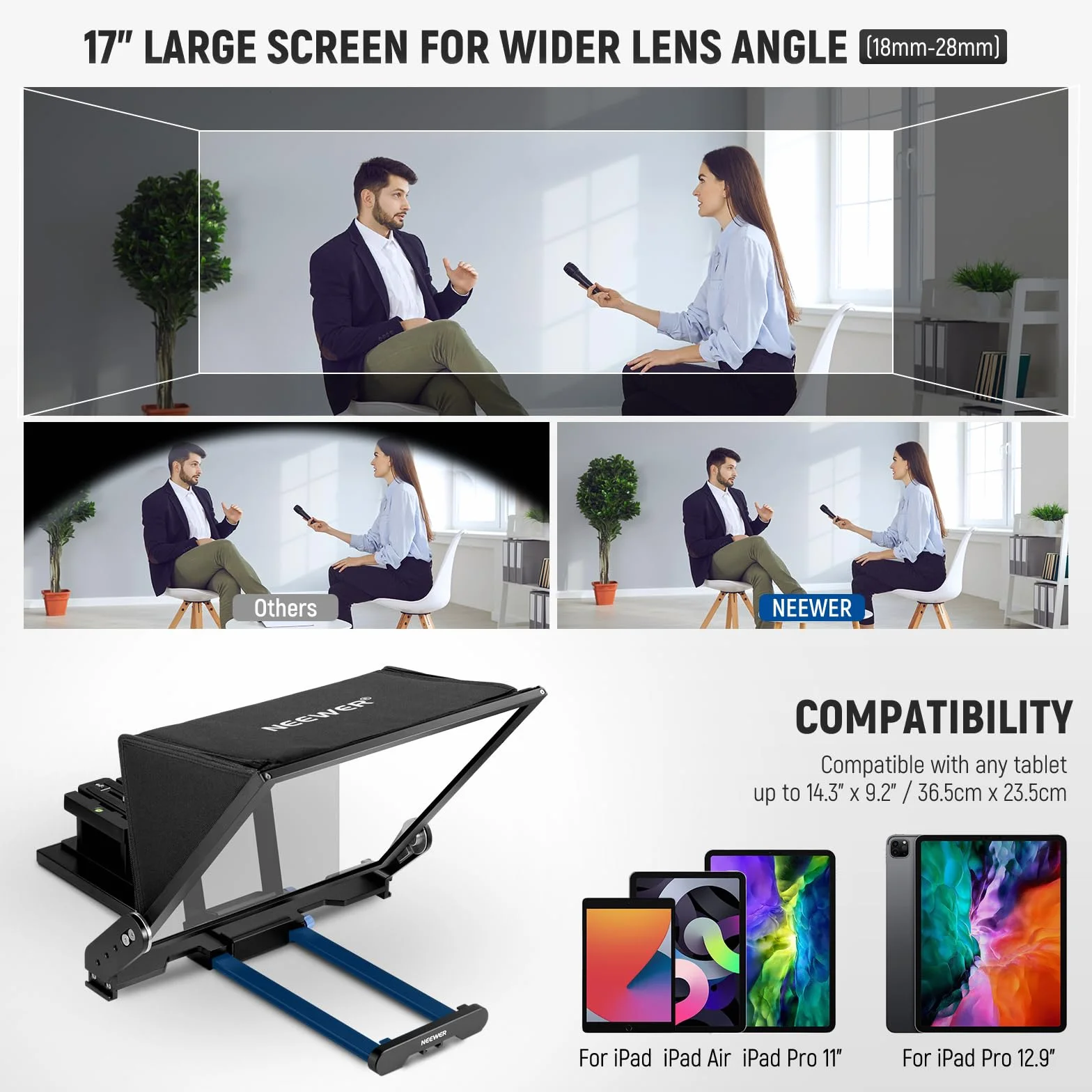 NEEWER Teleprompter X17 II z pilotem RT113 / sterowaniem aplikacją, rozdzielacz wiązki HD 43.2 cm, całkowicie metalowa rama, ulepszony uchwyt, płyta QR, kompatybilna z iPadem 501PL, maksymalne