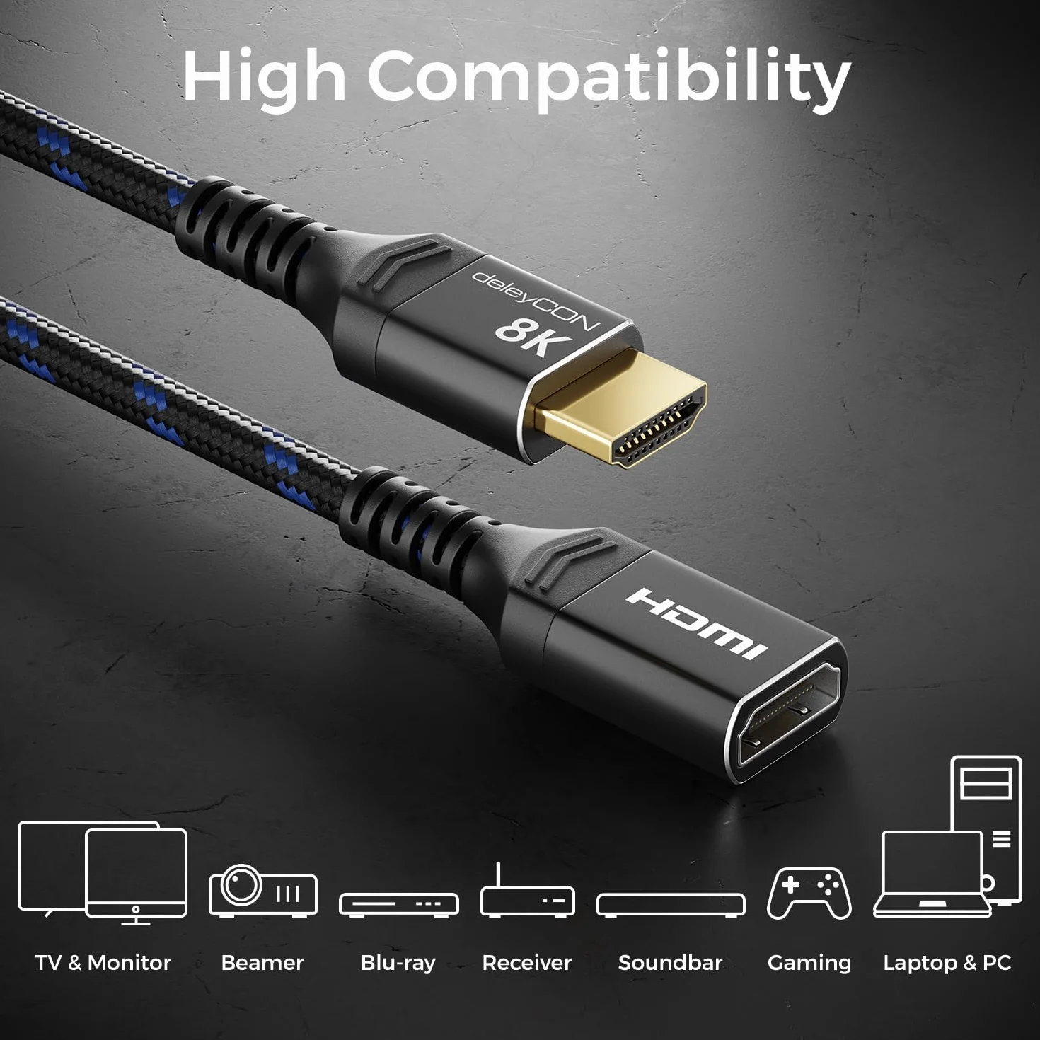 deleyCON 5m 8K HDMI 2.1 Przedłużacz 48Gbps Kabel Przedłużający eARC HDR10+