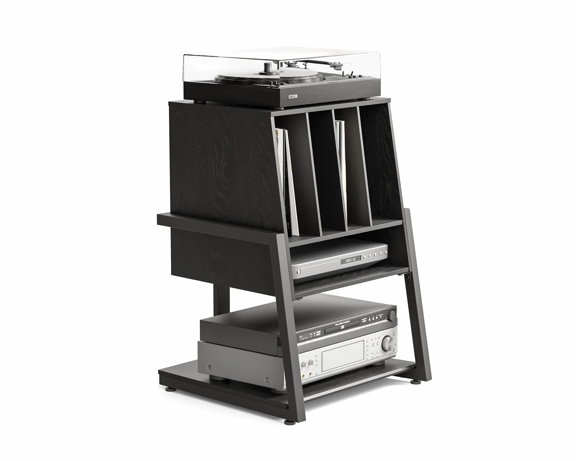 FITUEYES Designerski gramofon, stół z drewna, metalu, stojak na gramofony, 120 płyt, kompaktowy gramofon, regał do salonu, pokoju muzycznego