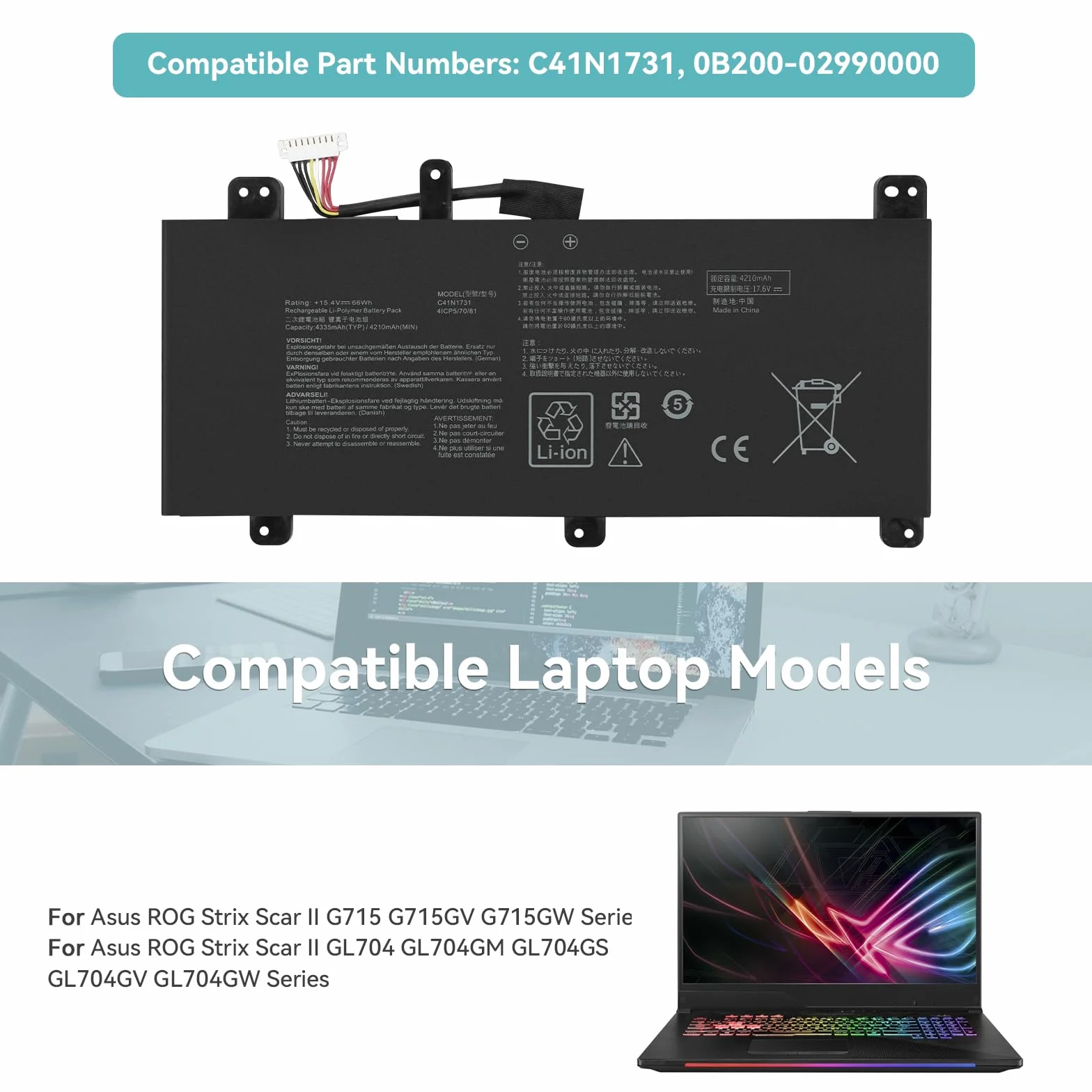 C41N1731 Laptop Bateria do Asus ROG Strix Scar II G715 G715G G715GV G715GW GL704 GL704G GL704GM GL704GS GL704GV GL704GW G715GV-EV043R G715GW-EV084T GL704GM-EV027T GL704GM-EV021T GL704GV-EV013T 66WH