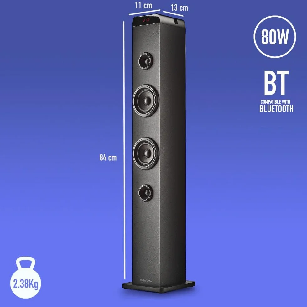 NGS Sky Charm Pro 50 W wieża dźwiękowa z Bluetooth 5.4, optyczna, USB, AUX-IN, radio FM, funkcja nadawania, mikrofon do karaoke, pilot zdalnego sterowania, czarny